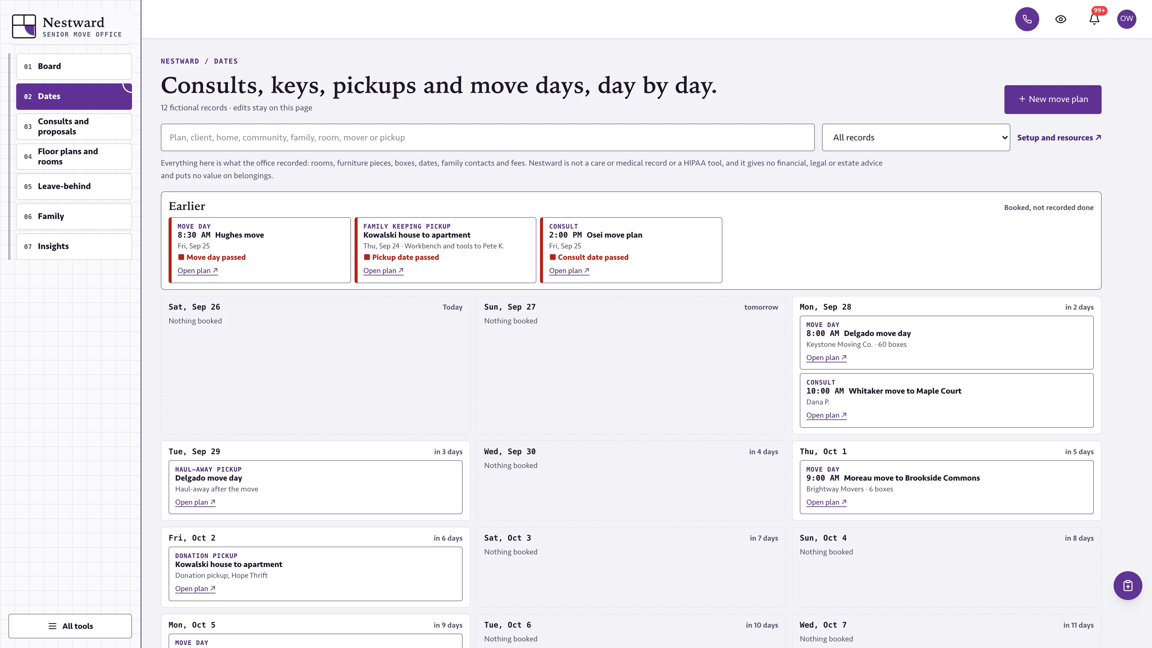 Dates in the GoSeedly Senior Move Manager Kit with fictional sample records