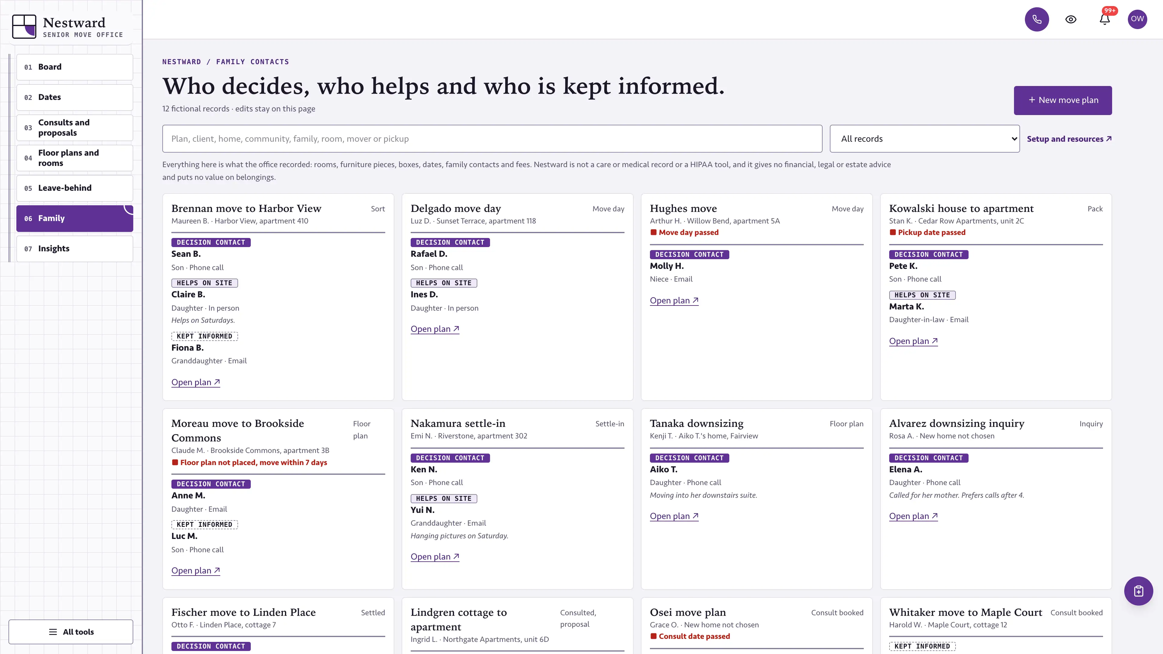Family contacts in the GoSeedly Senior Move Manager Kit with fictional sample records