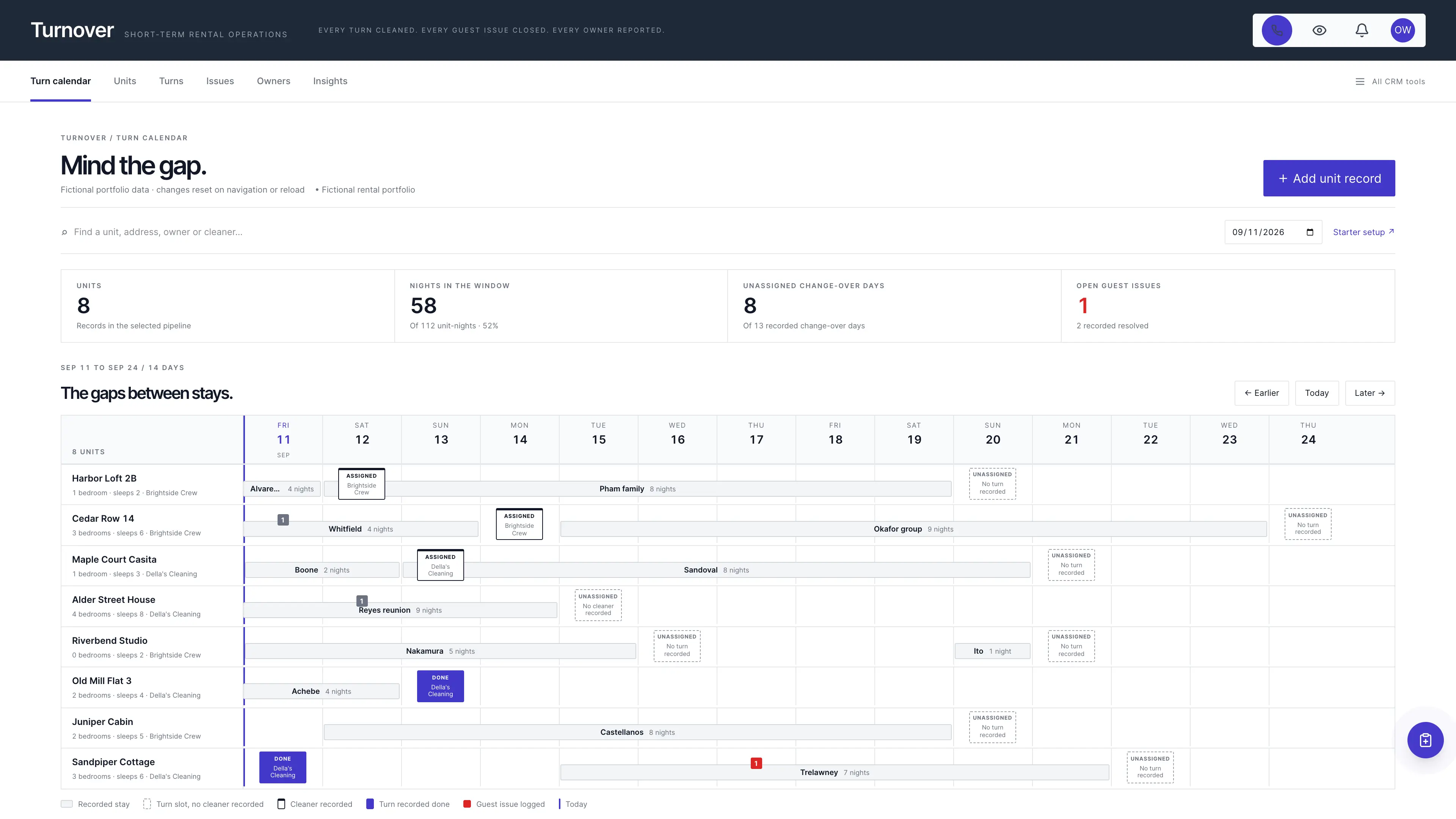 Short-term rental turn calendar with one strip per unit, recorded stays, change-over blocks and guest issue flags using sample data