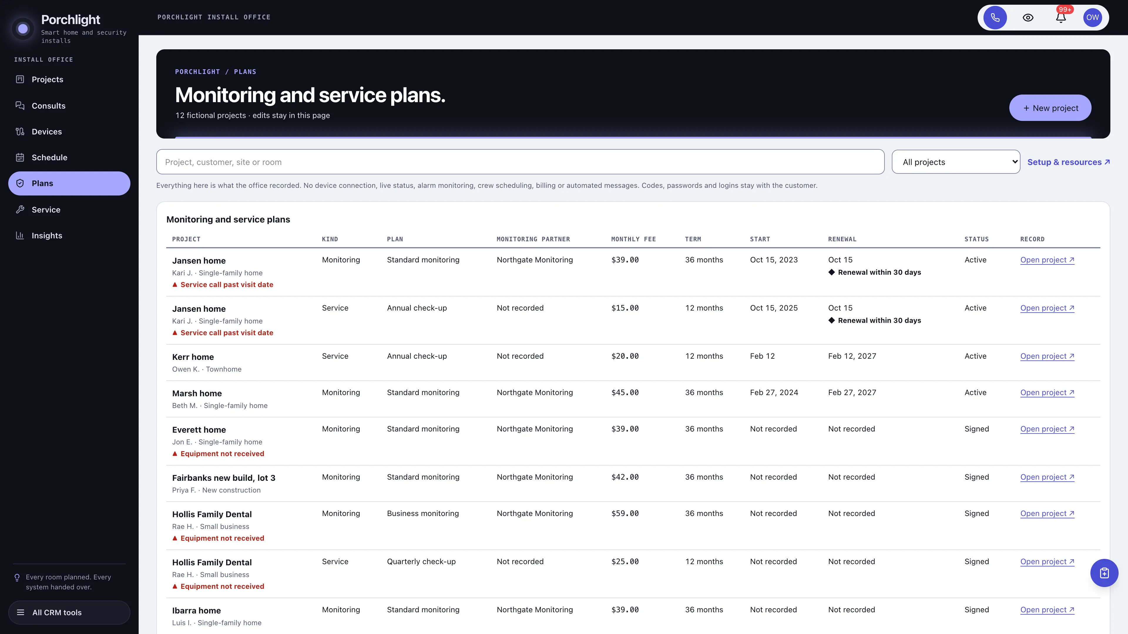 Plans in the GoSeedly Smart Home & Security Kit with fictional sample records