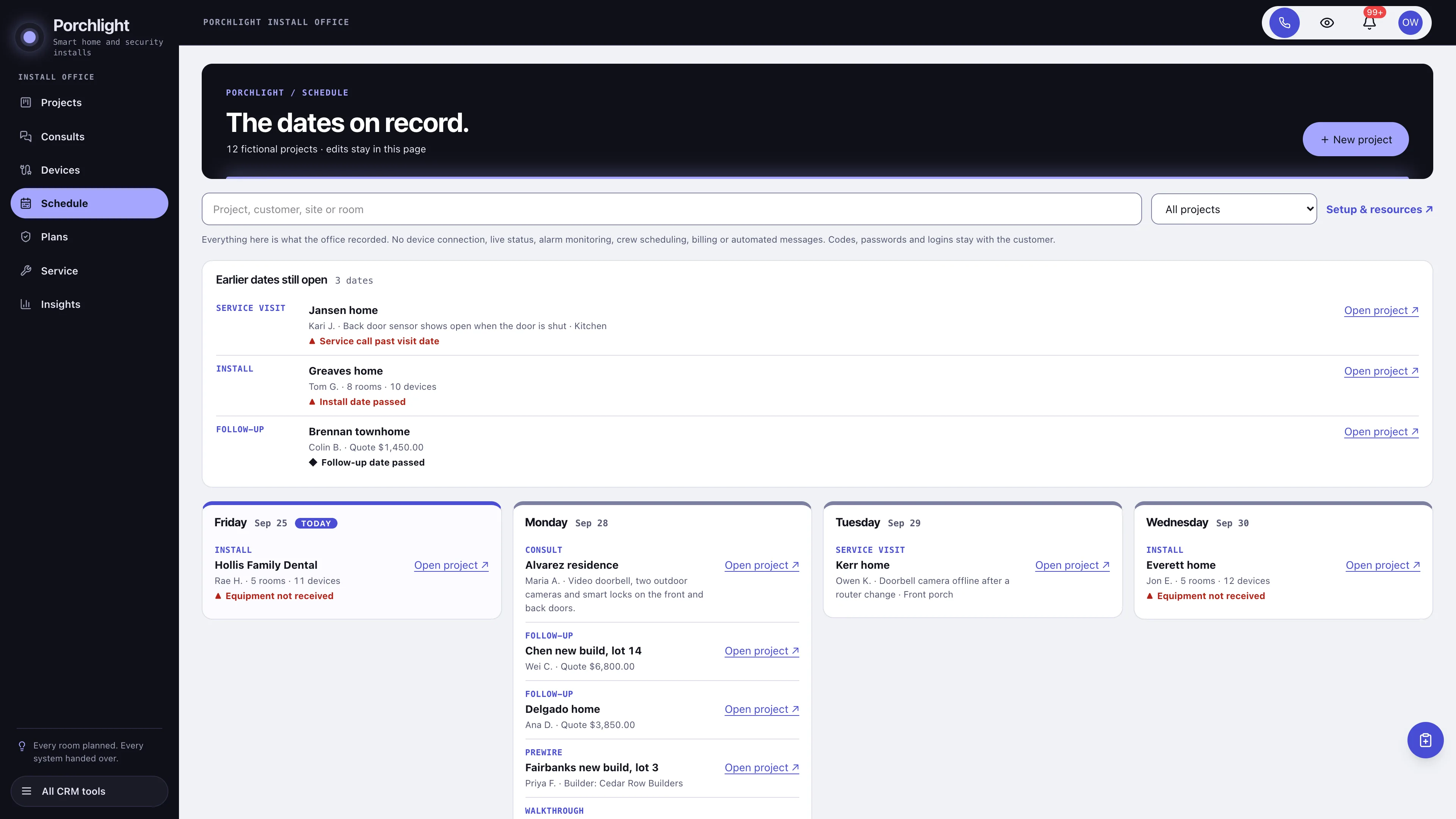 Schedule in the GoSeedly Smart Home & Security Kit with fictional sample records