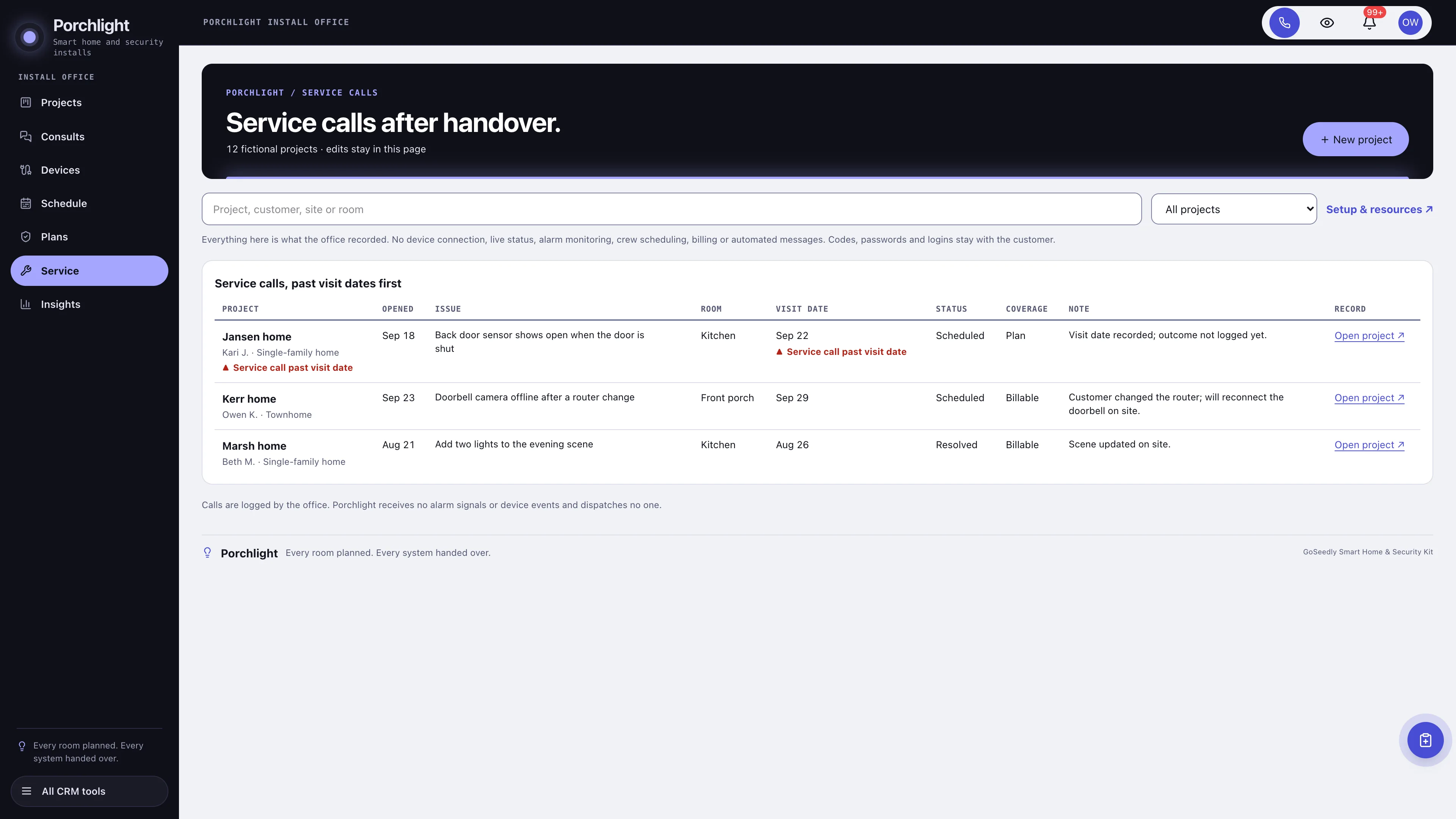 Service in the GoSeedly Smart Home & Security Kit with fictional sample records