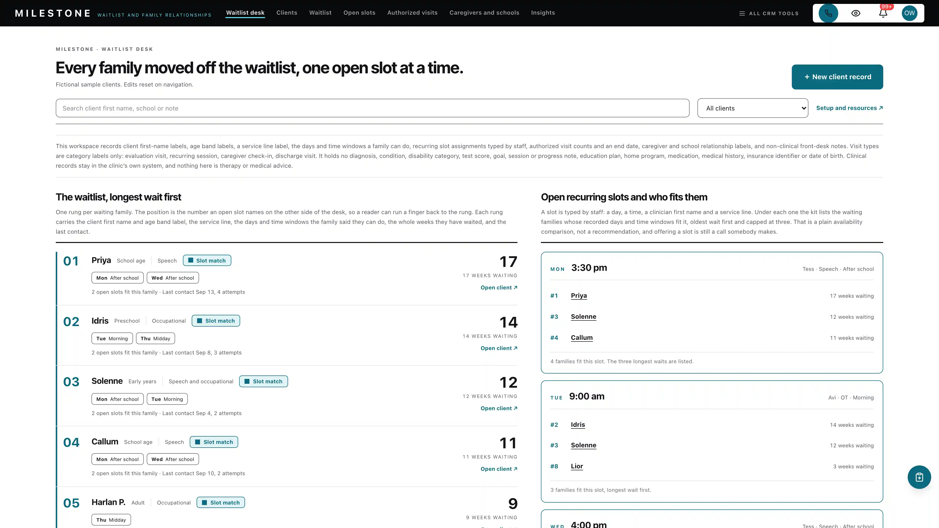 Slim black top bar over a numbered waitlist ladder with day-of-week pills and weeks-waiting figures, beside open recurring slot blocks listing their matches by ladder position, using fictional sample data