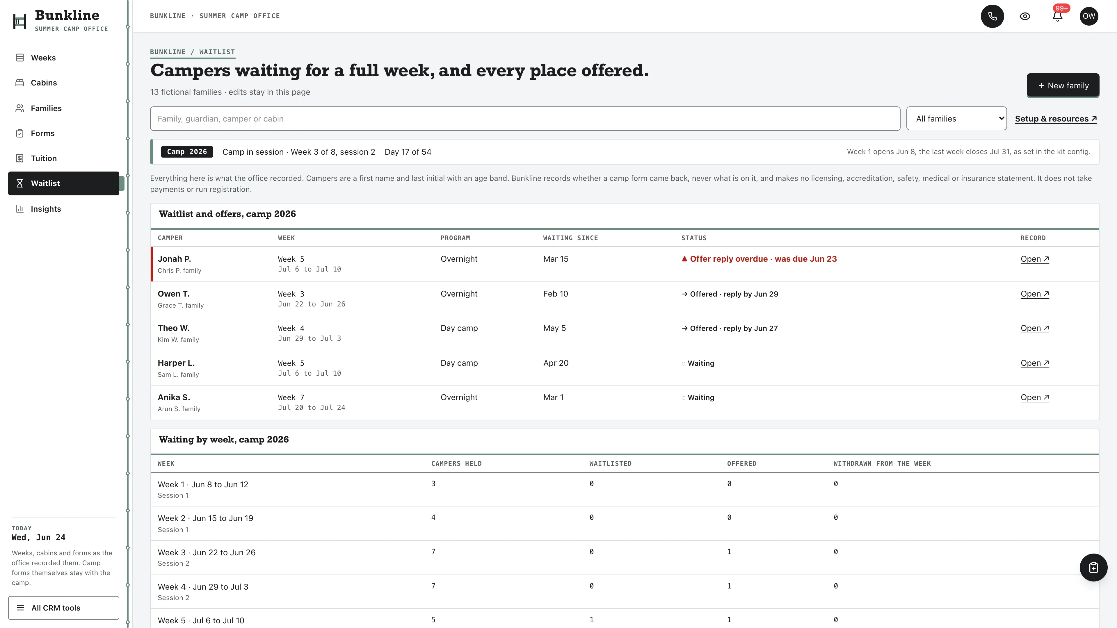 Waitlist in the GoSeedly Summer Camp Kit with fictional sample records