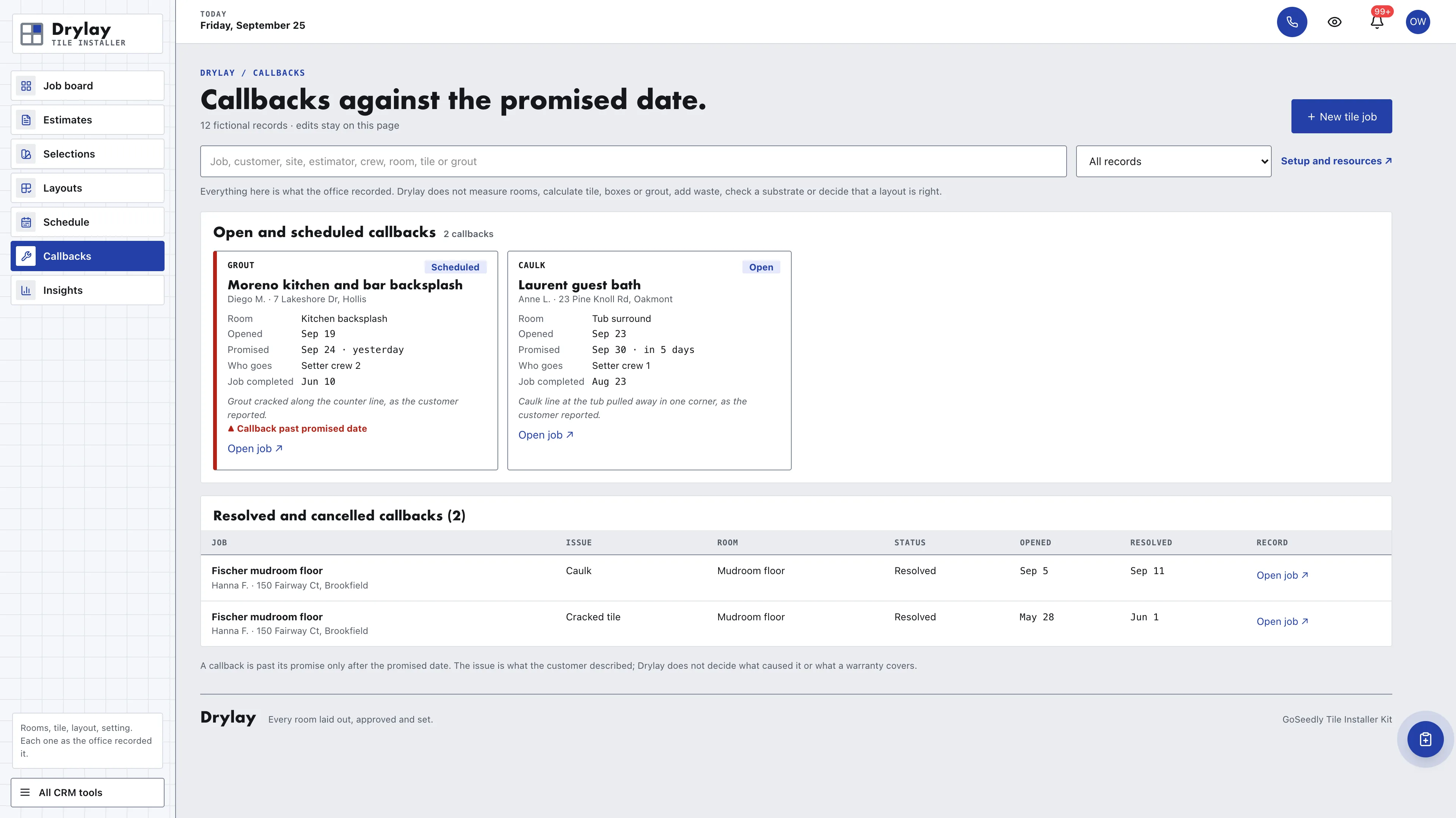 Callbacks in the GoSeedly Tile Installer Kit with fictional sample records