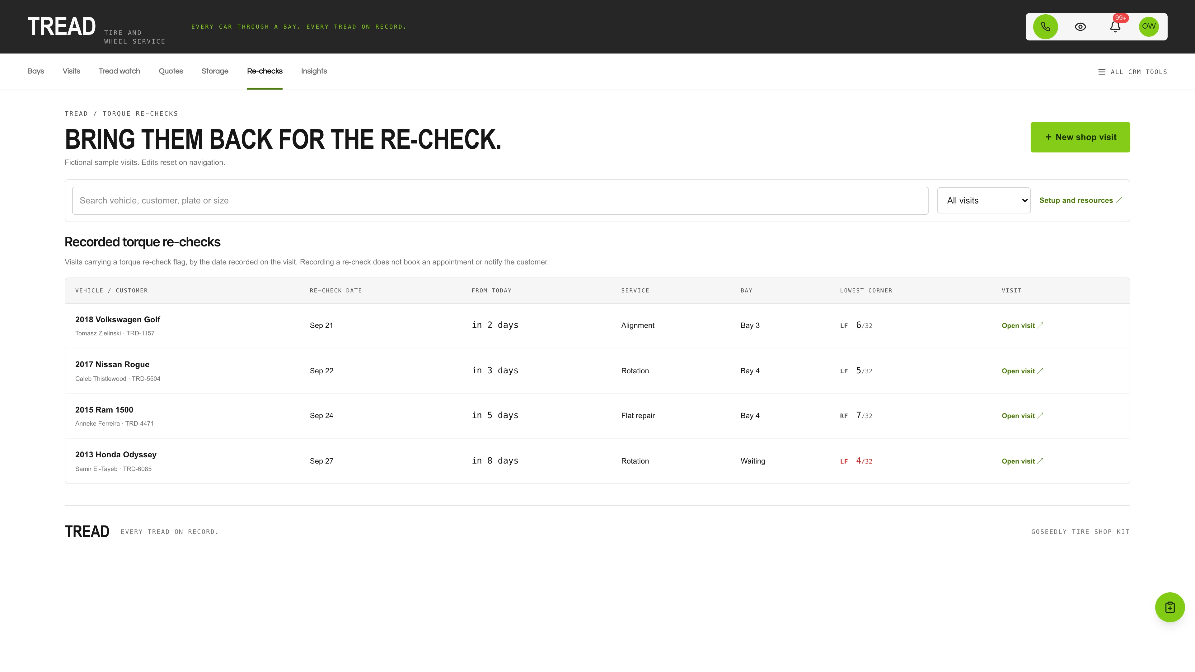 Re-checks in the GoSeedly Tire Shop Kit with fictional sample records