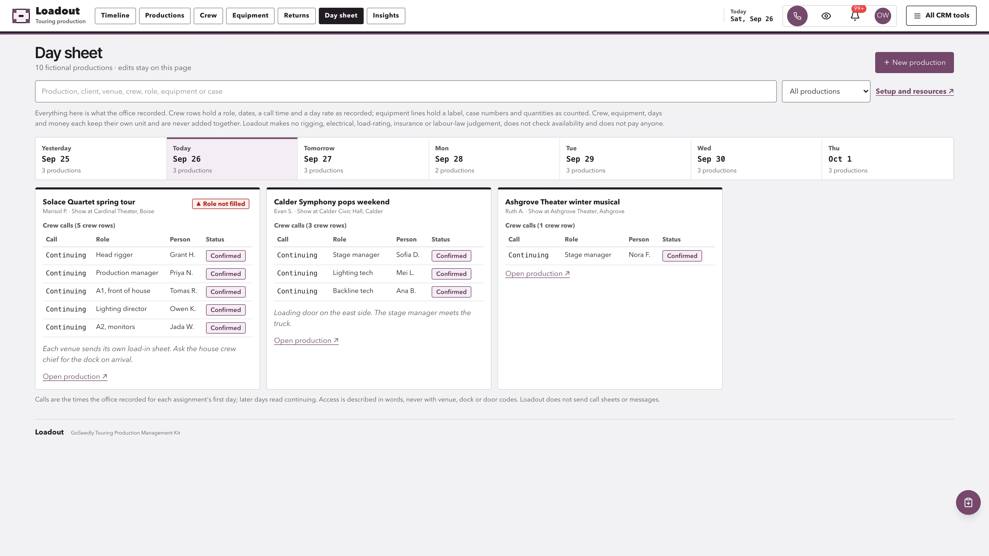 Day sheet in the GoSeedly Touring Production Management Kit with fictional sample records