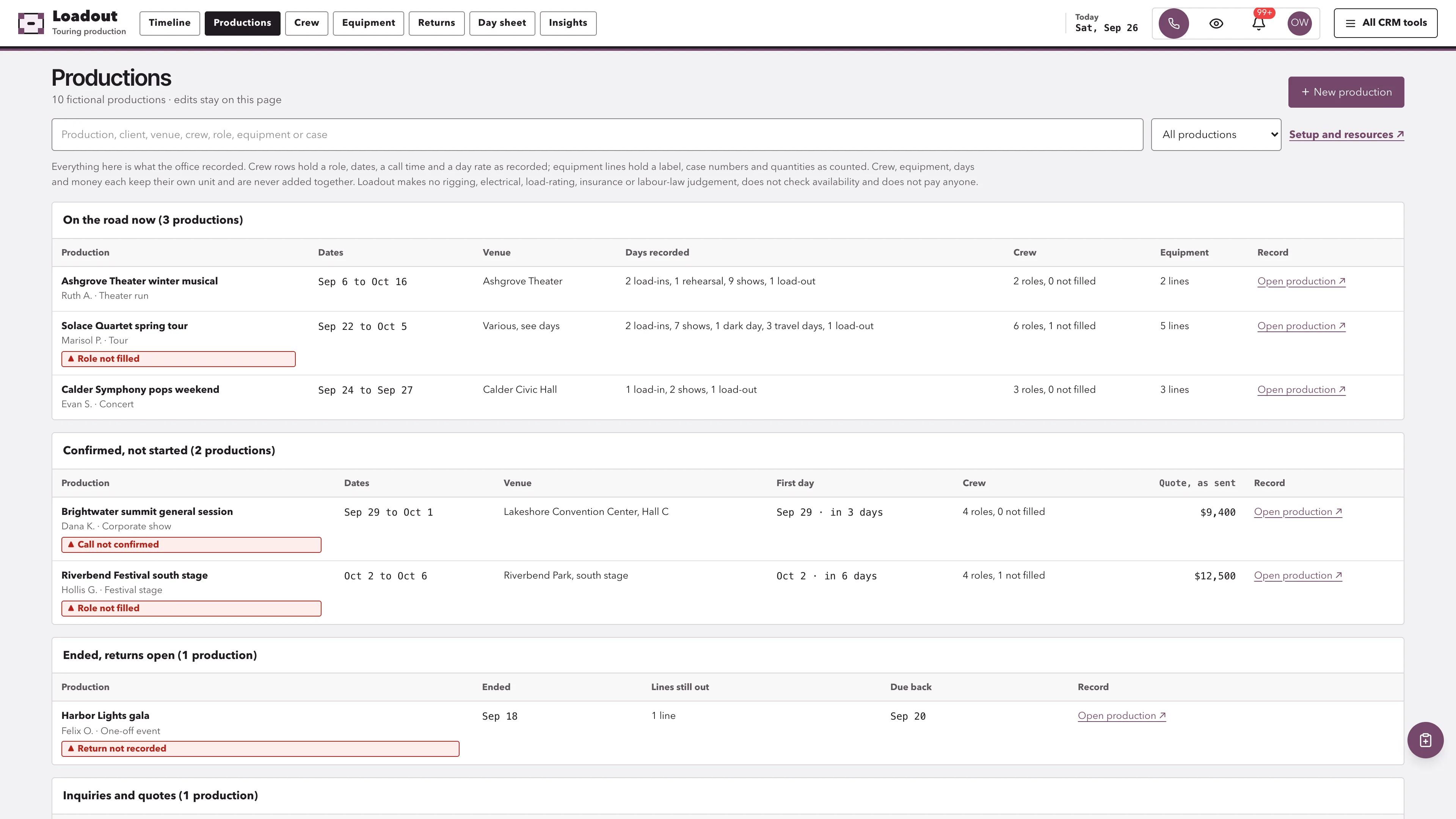 Productions in the GoSeedly Touring Production Management Kit with fictional sample records