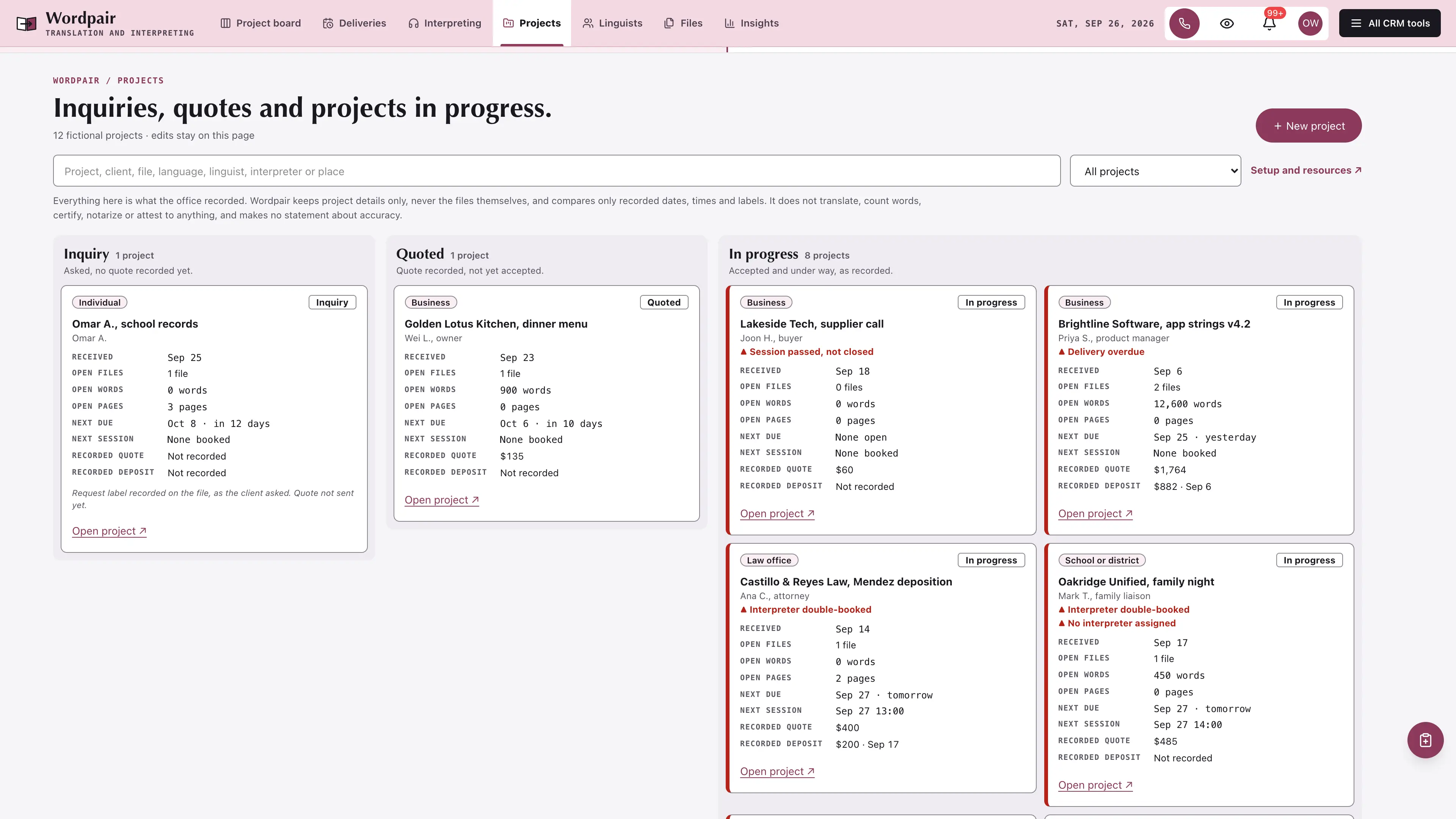 Projects in the GoSeedly Translation & Interpreting Kit with fictional sample records