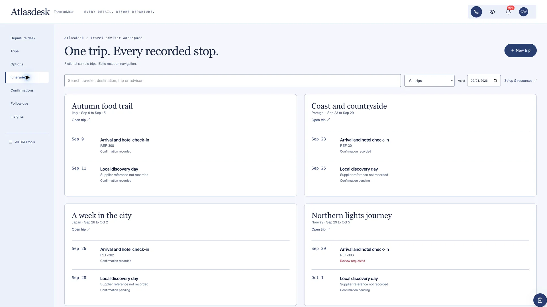 Itineraries in the GoSeedly Travel Advisor Kit with fictional sample records