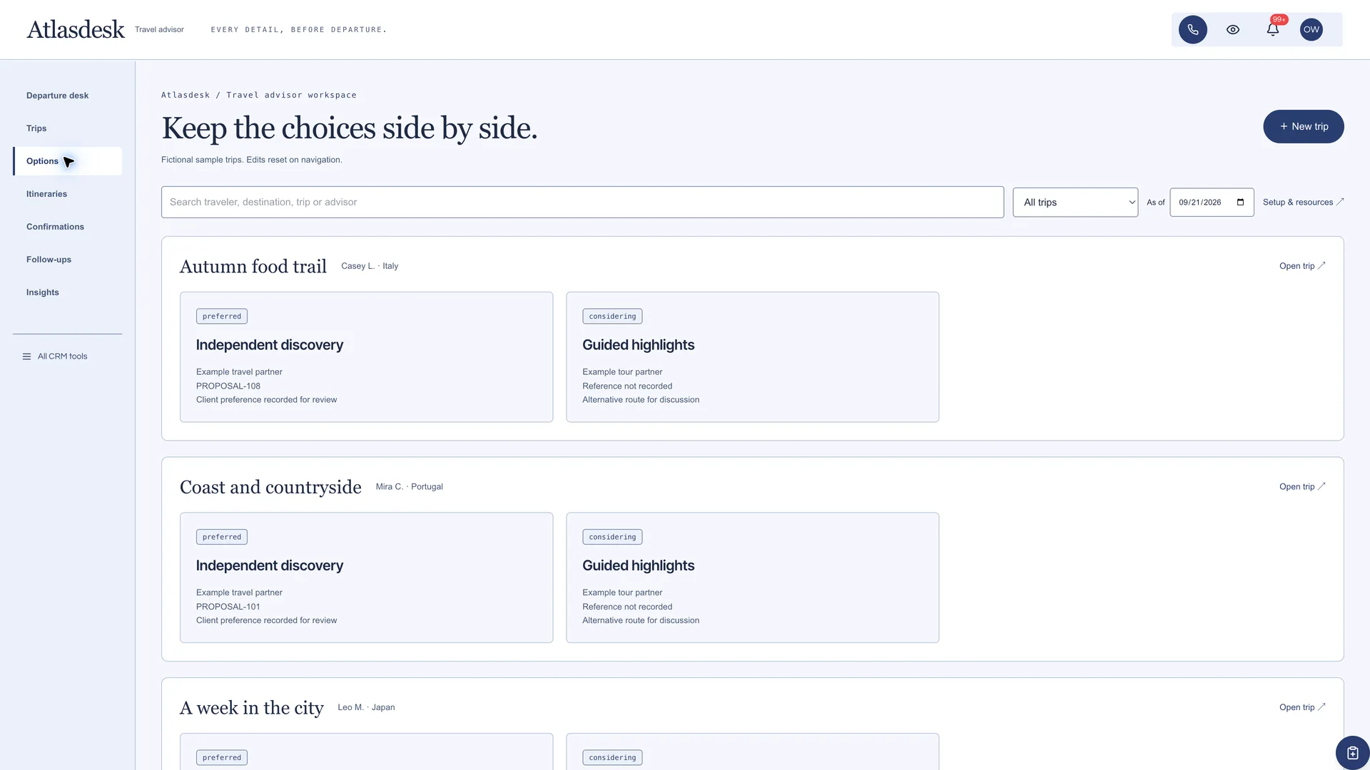 Options in the GoSeedly Travel Advisor Kit with fictional sample records