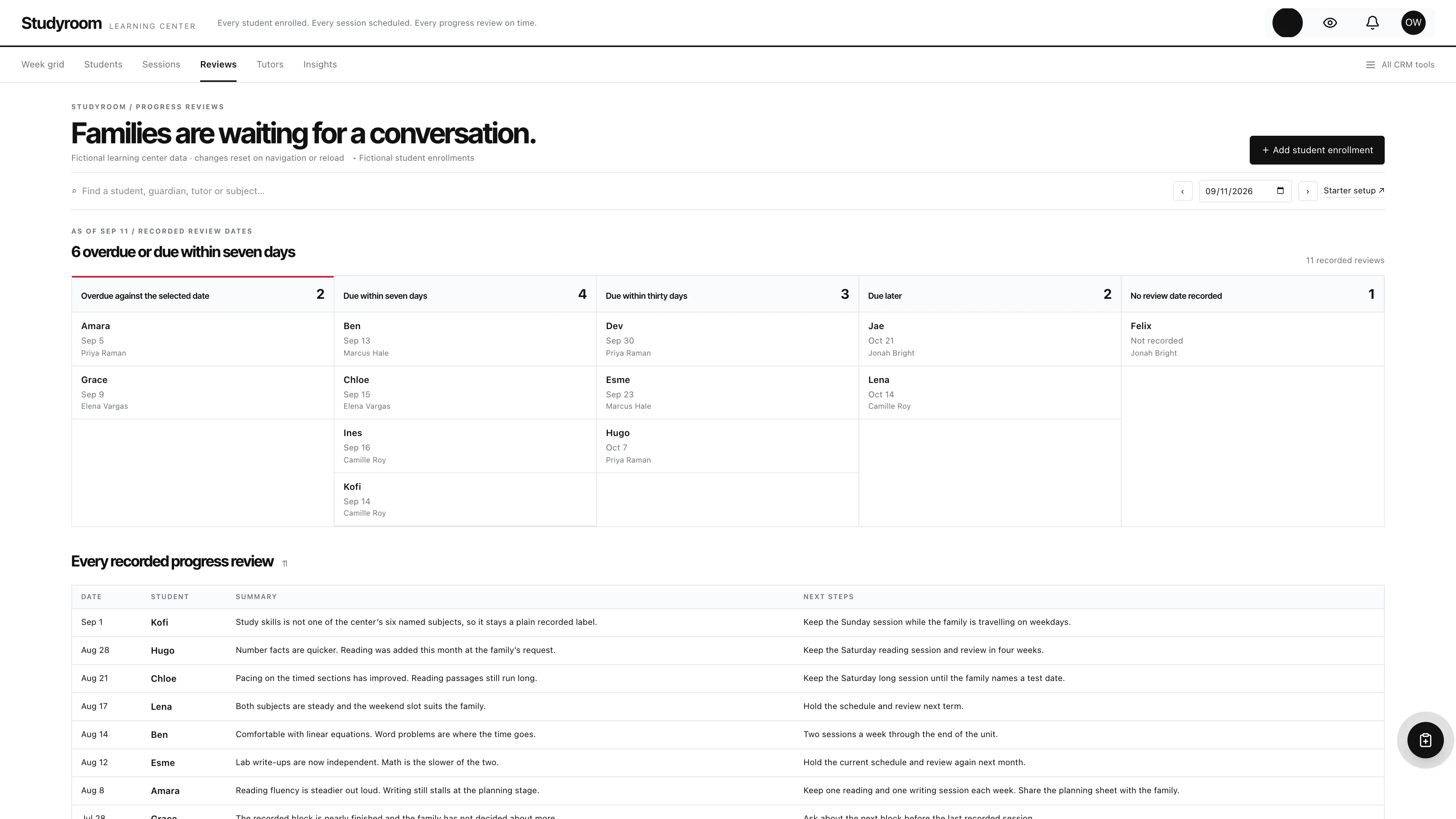 Progress reviews in the GoSeedly Tutoring & Learning Center Kit with fictional sample records