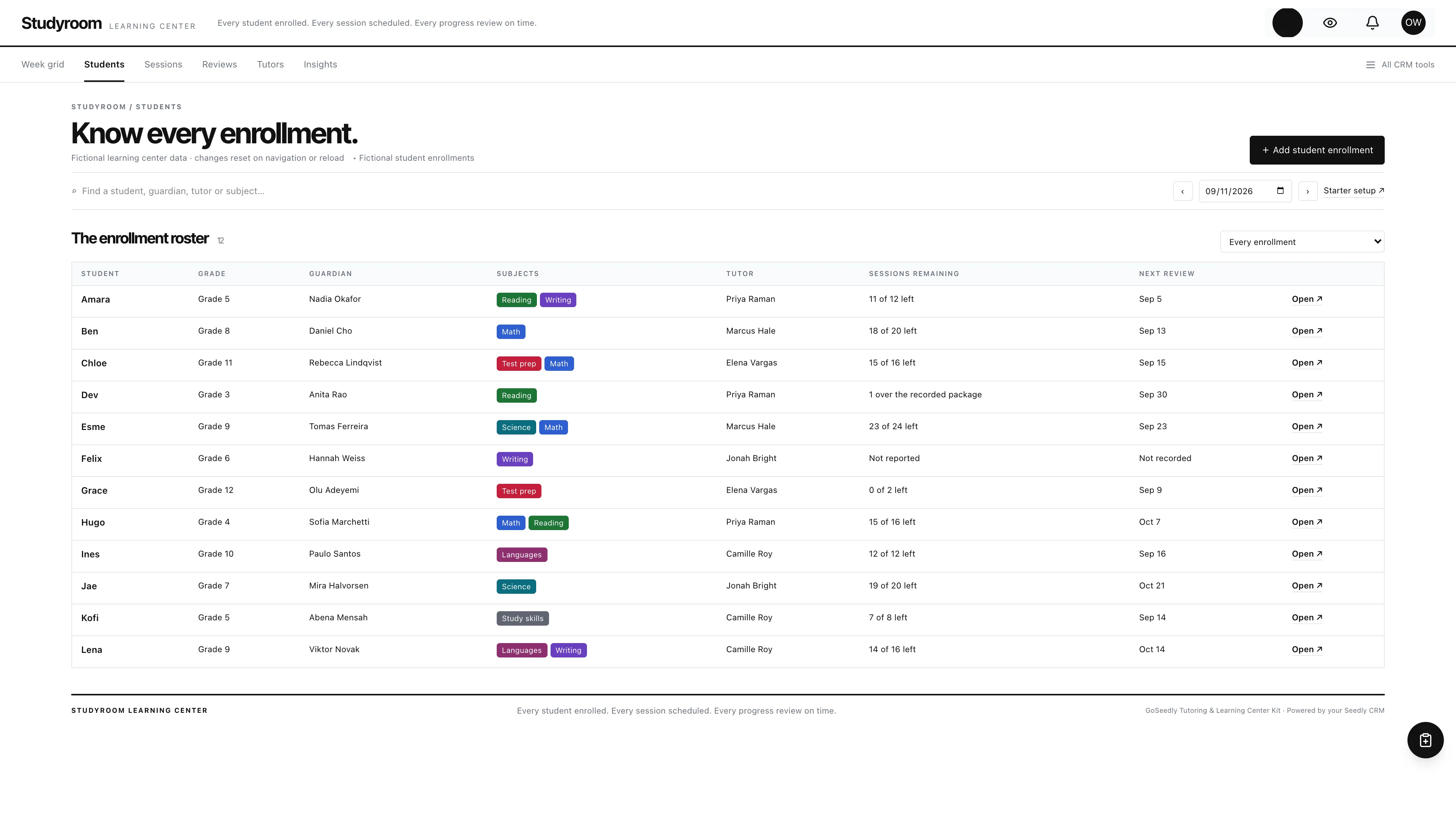Enrollment roster in the GoSeedly Tutoring & Learning Center Kit with fictional sample records