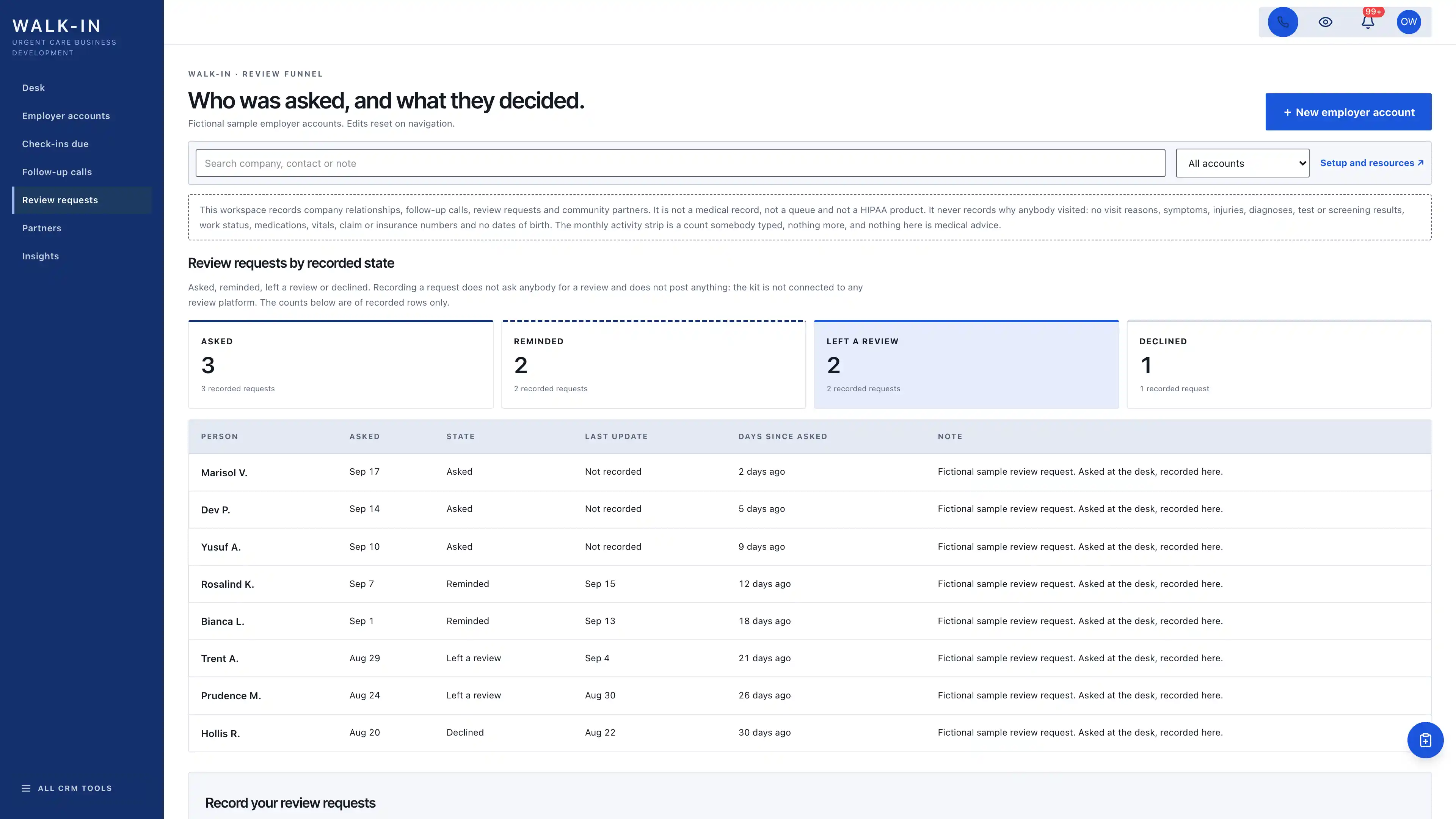 Review requests in the GoSeedly Urgent Care Kit with fictional sample records
