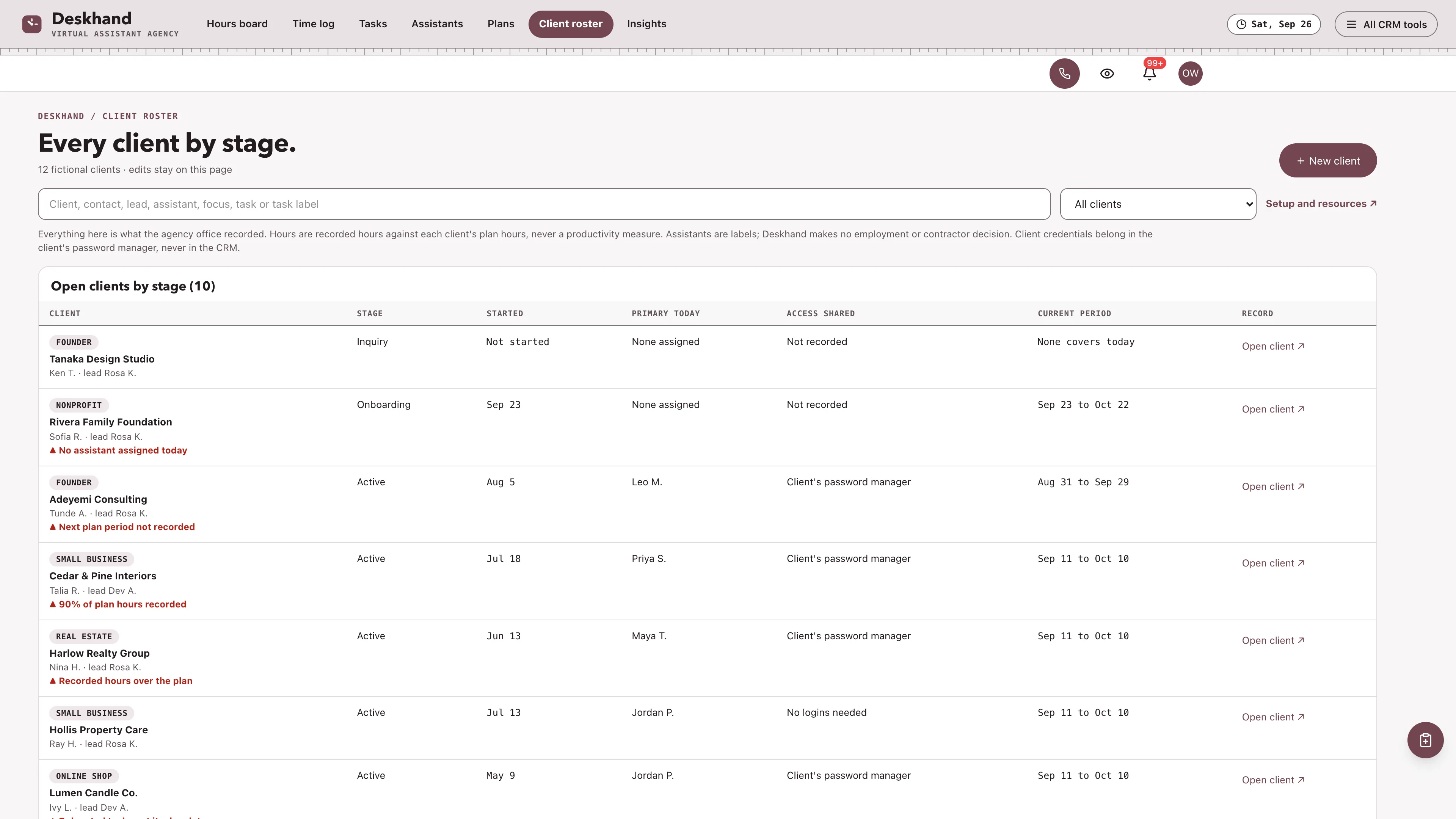 Client roster in the GoSeedly Virtual Assistant Agency Kit with fictional sample records