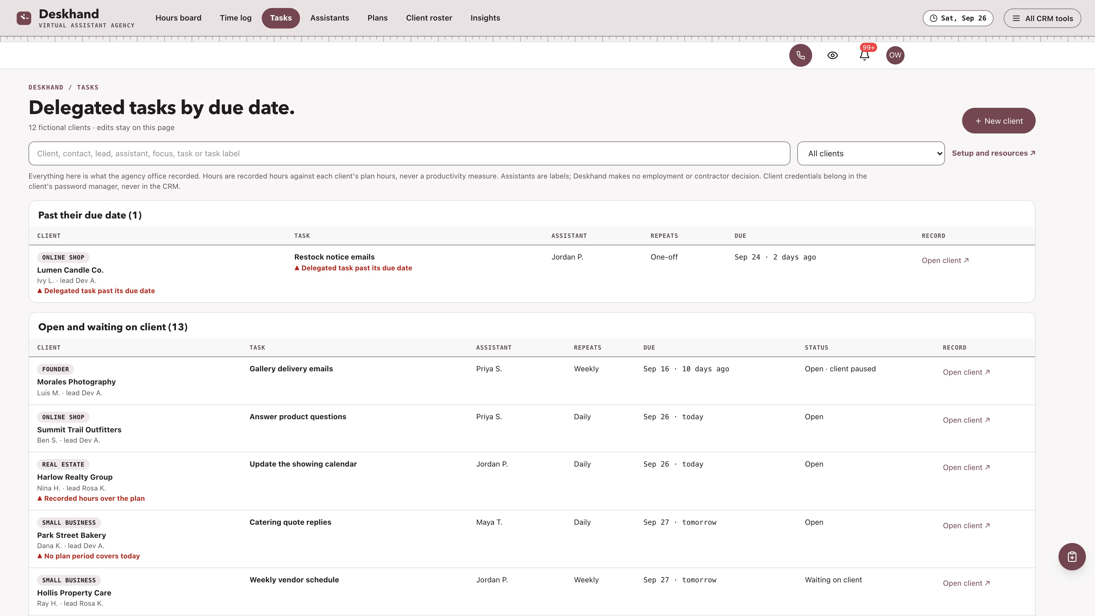 Tasks in the GoSeedly Virtual Assistant Agency Kit with fictional sample records