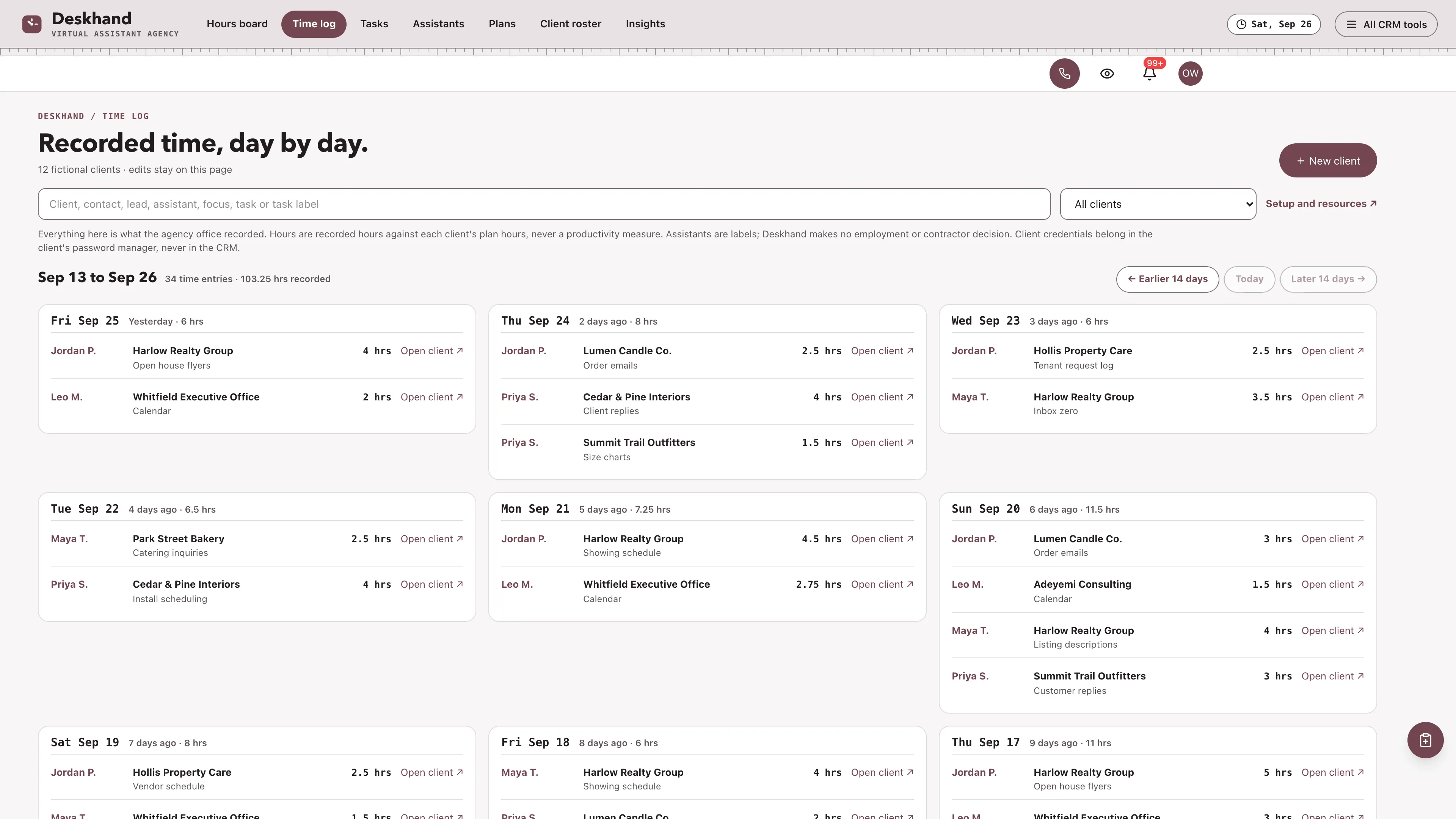 Time log in the GoSeedly Virtual Assistant Agency Kit with fictional sample records