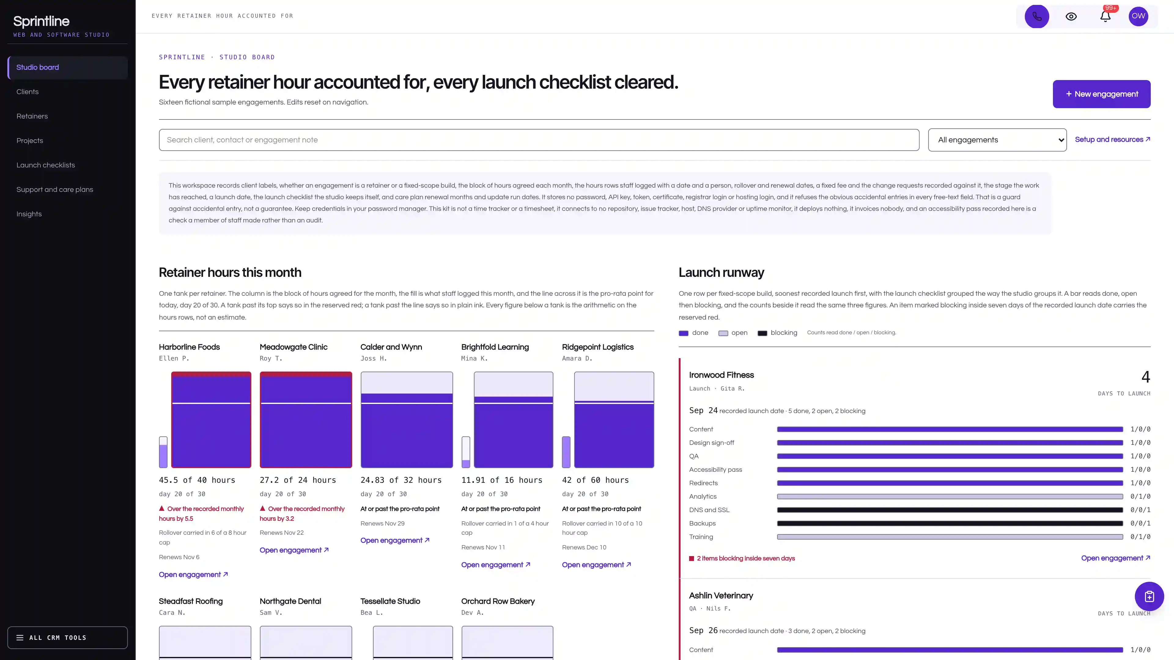 Ink left rail beside a white studio board of violet retainer hours tanks and a launch runway of checklist bars, using fictional sample data