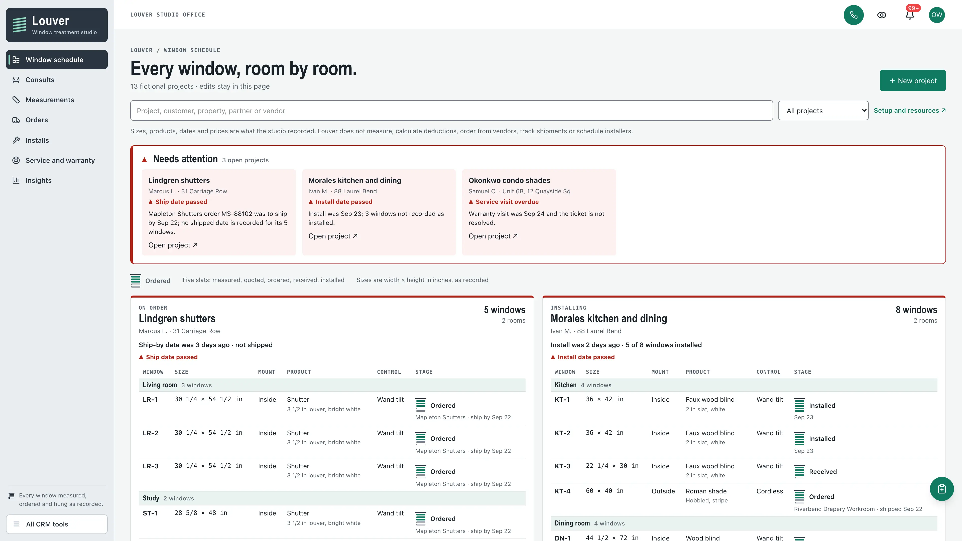 Pale slate side rail beside a needs-attention strip and window schedule sheets listing windows by room with sizes in inches and eighths and five-slat stage tracks, using fictional sample data