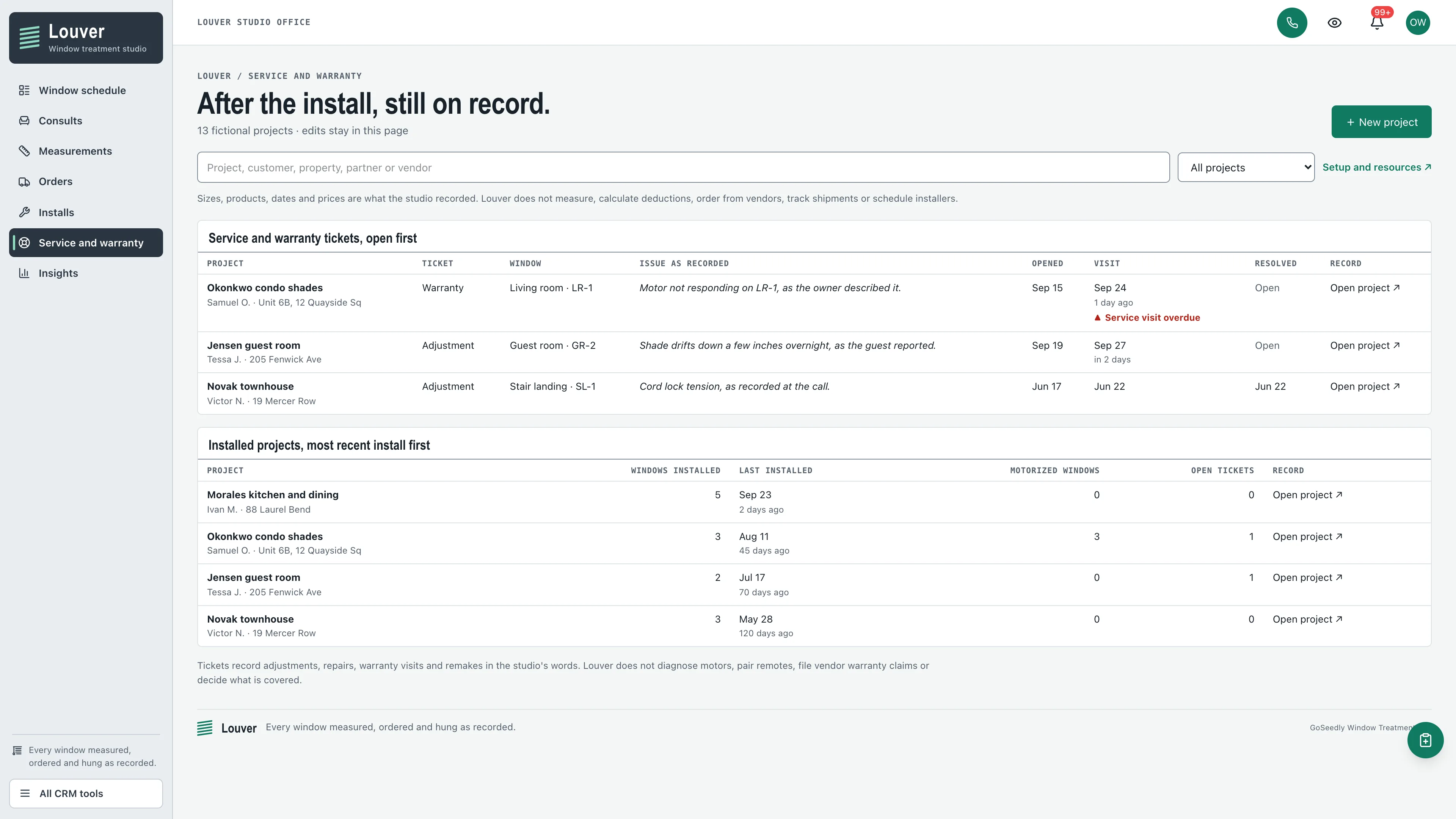 Service and warranty in the GoSeedly Window Treatments Kit with fictional sample records