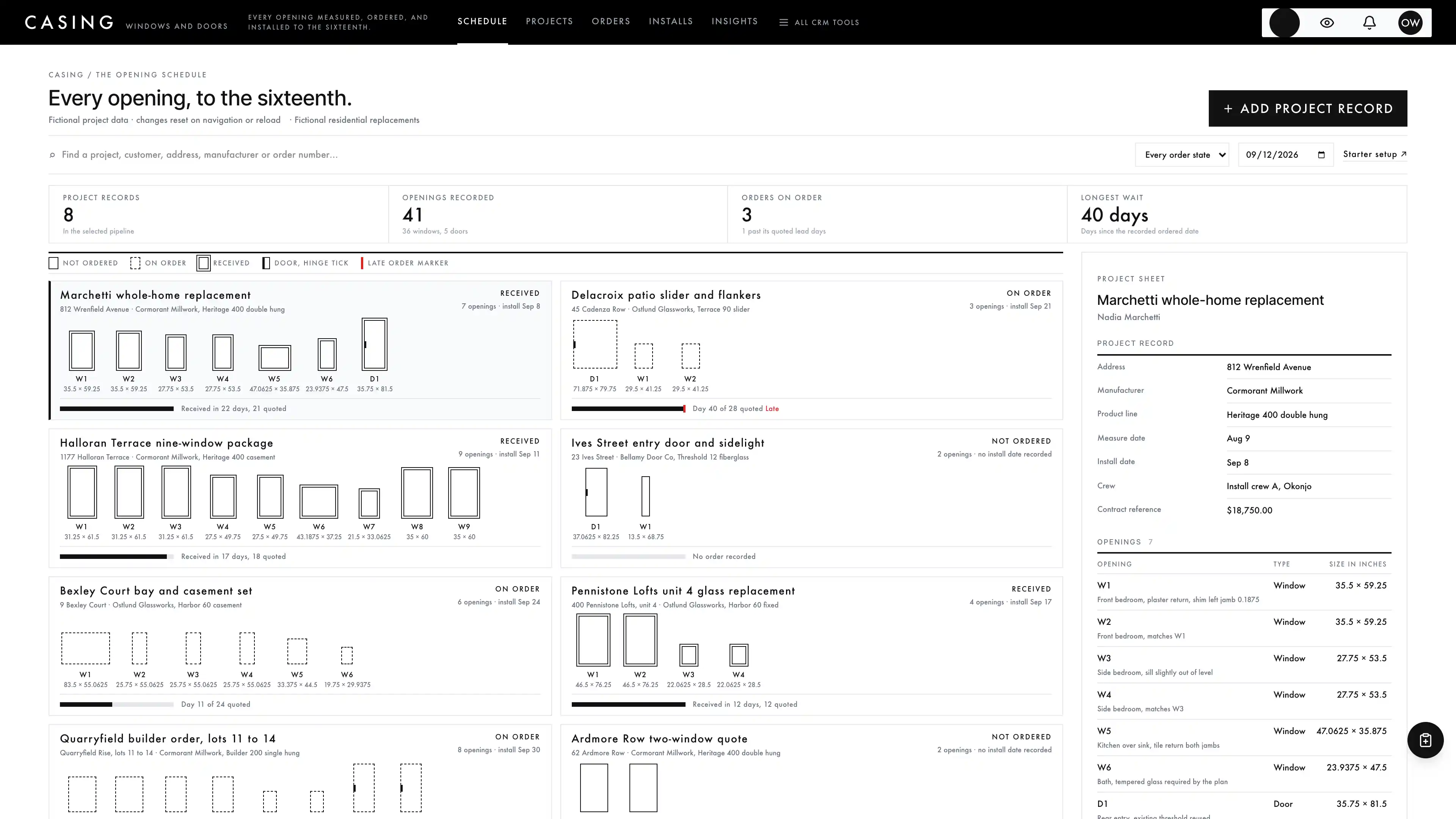 Monochrome window and door opening schedule of wide project cards whose recorded rough openings are drawn to scale as labelled tiles, plain when nothing is ordered, hollow while the order is out and ringed once it is received, with a lead-time bar under each card and the project sheet beside the board, using fictional sample data