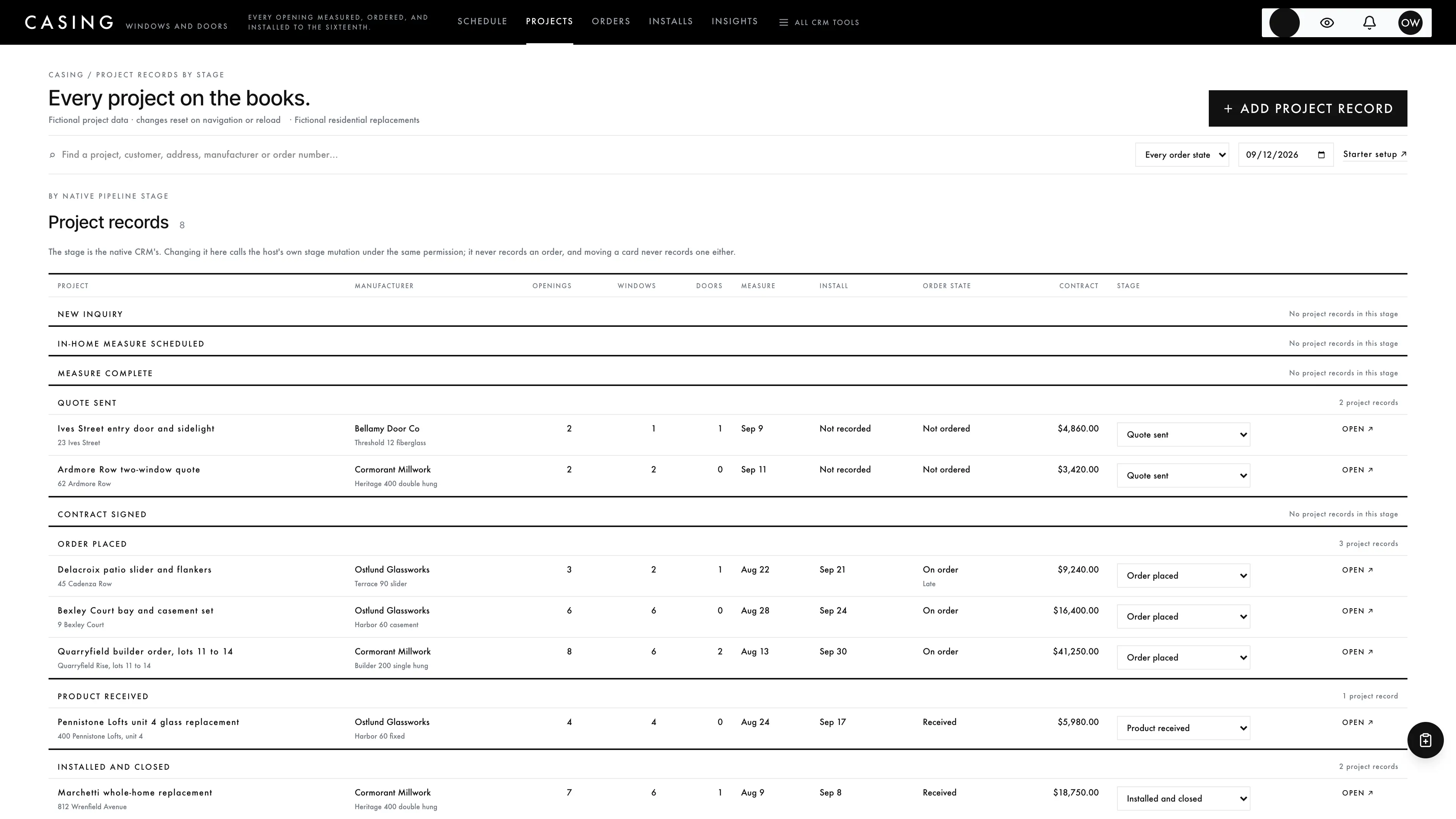Projects by stage in the GoSeedly Windows & Doors Kit with fictional sample records