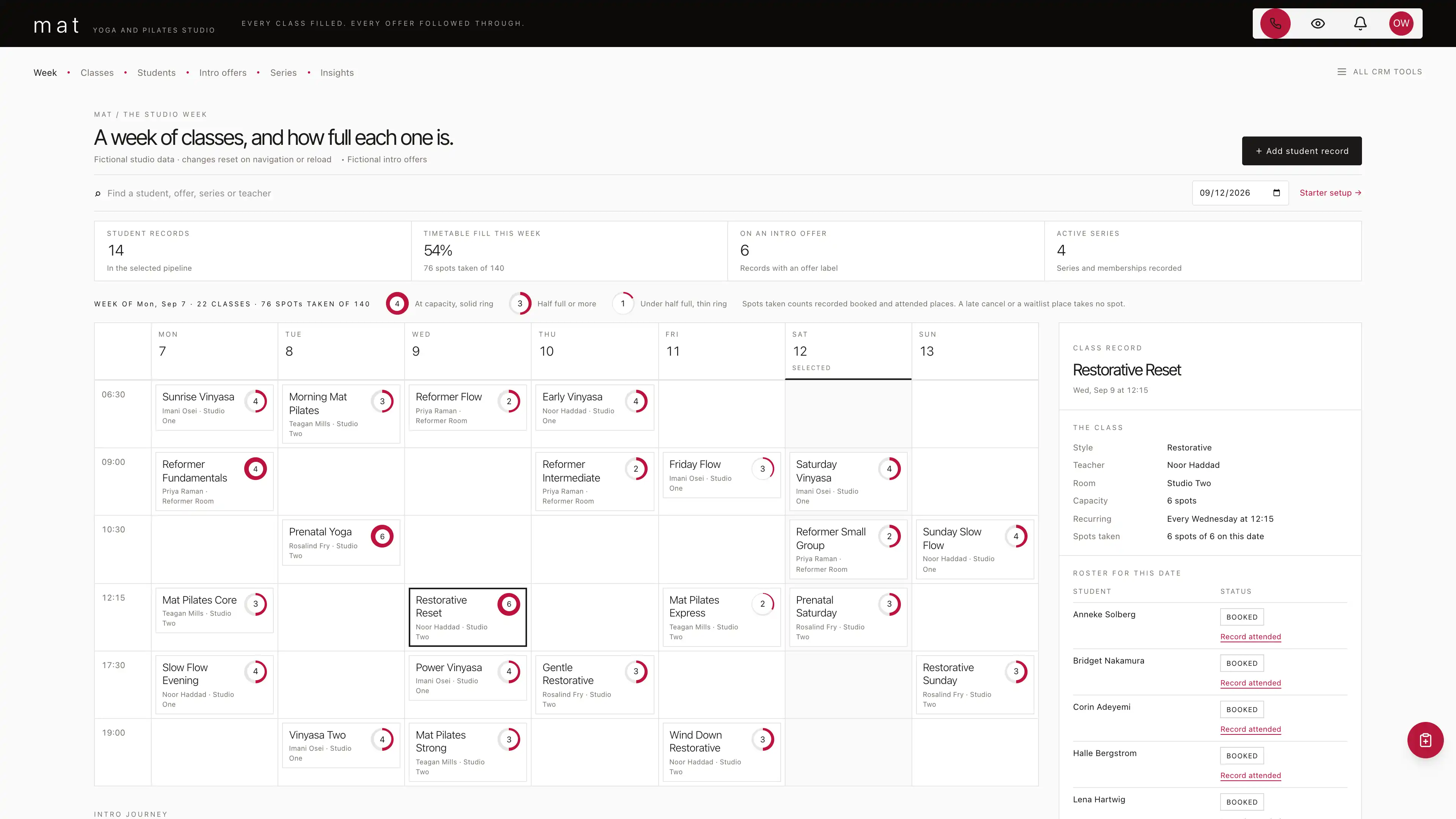 Yoga and Pilates studio week grid with seven day columns, class blocks in their own start time bands, conic-gradient fill rings showing spots taken over capacity, and a class sheet with the roster for the selected date, using fictional sample data