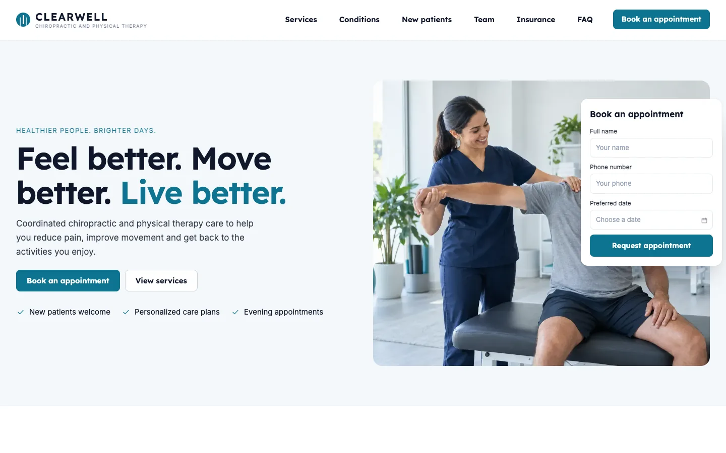 Clearwell website template homepage