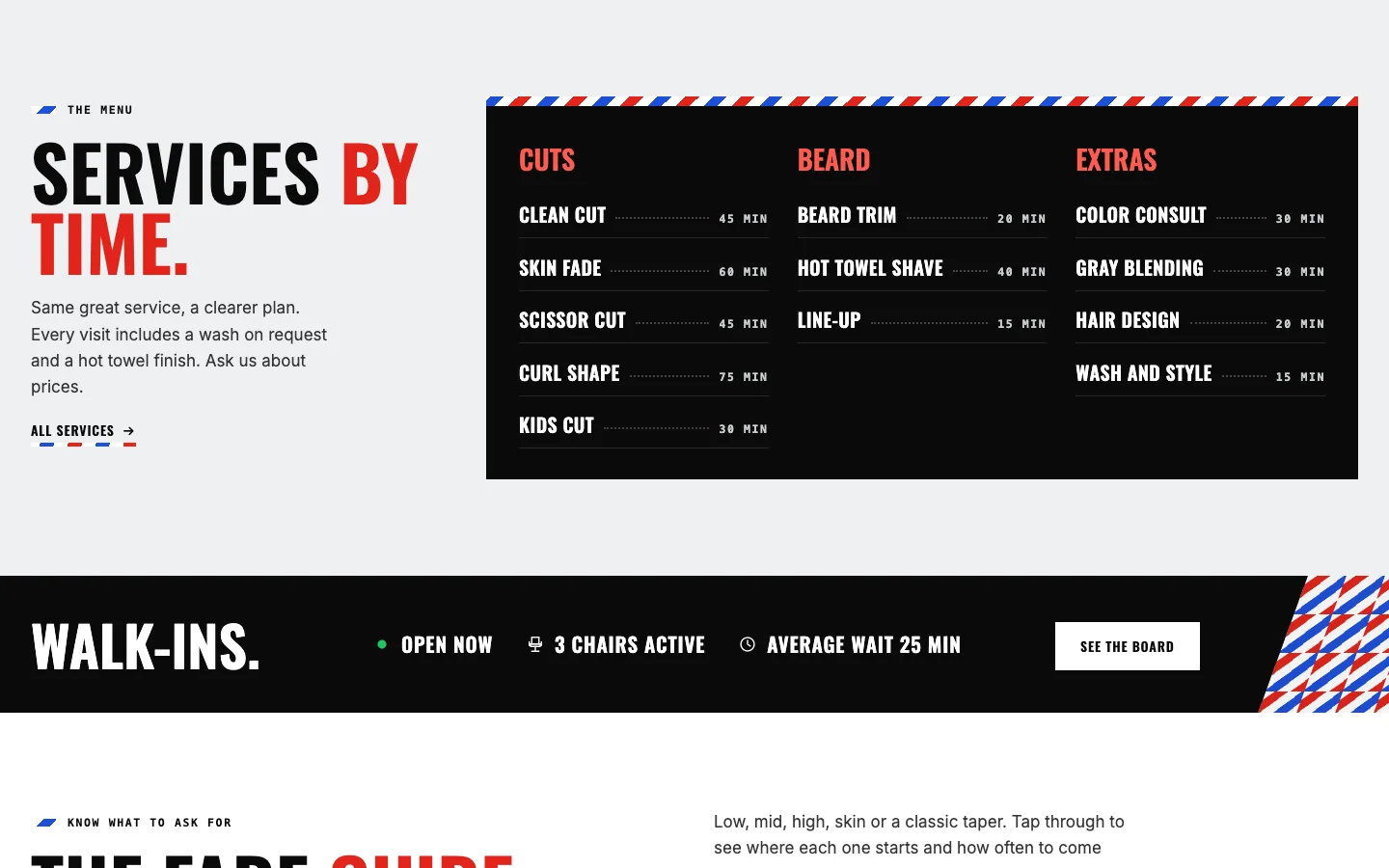 Lineup: Services by time / menu board