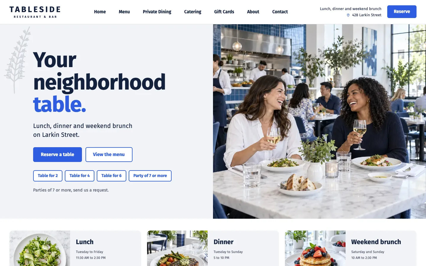 Tableside website template homepage