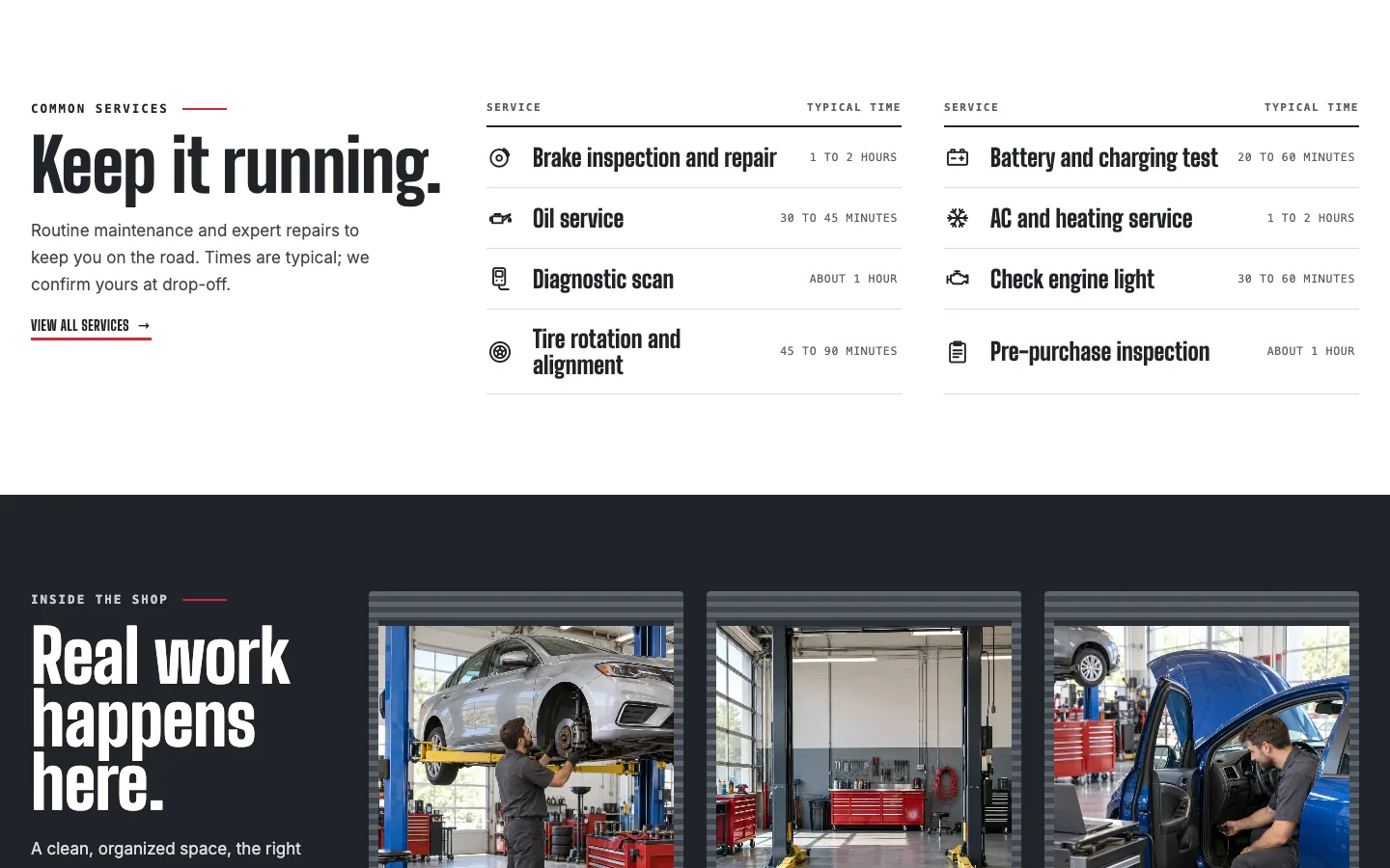Torque: Services / price board