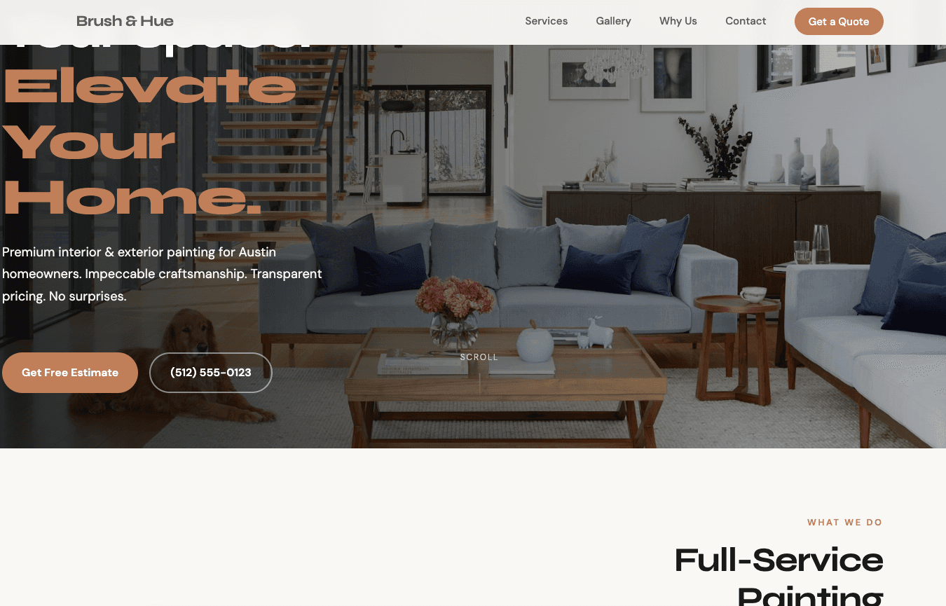 Home page of a house painting company site with a wide living room photo, a heavy display headline, and two pill buttons.