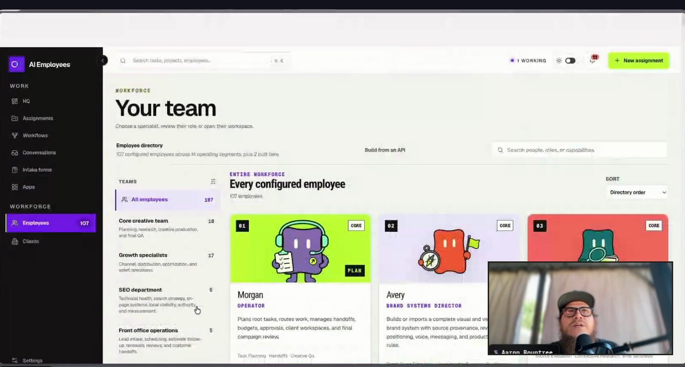 A live DevLaunch class: the AI Employees workspace on screen with Aaron teaching in the corner.