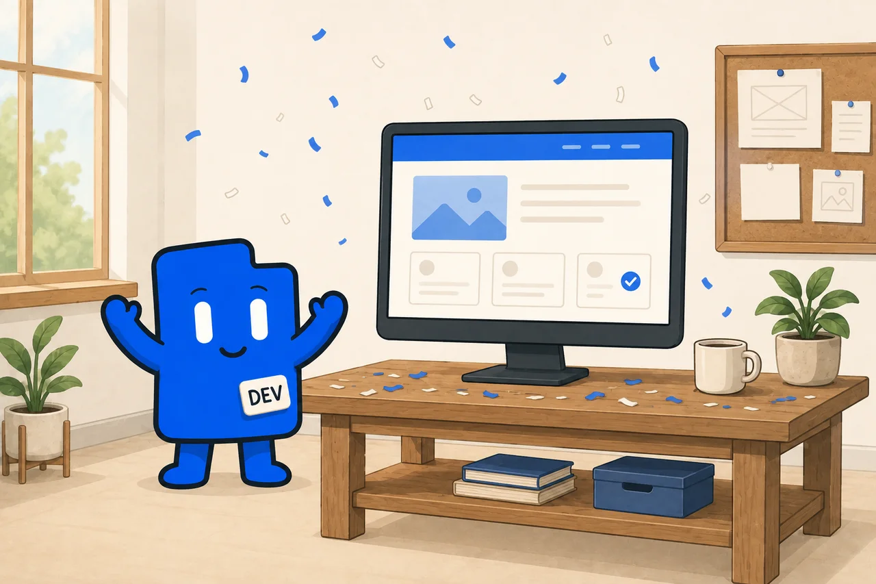 The DevLaunch companion raises both arms in celebration as confetti falls around a monitor showing a finished website.