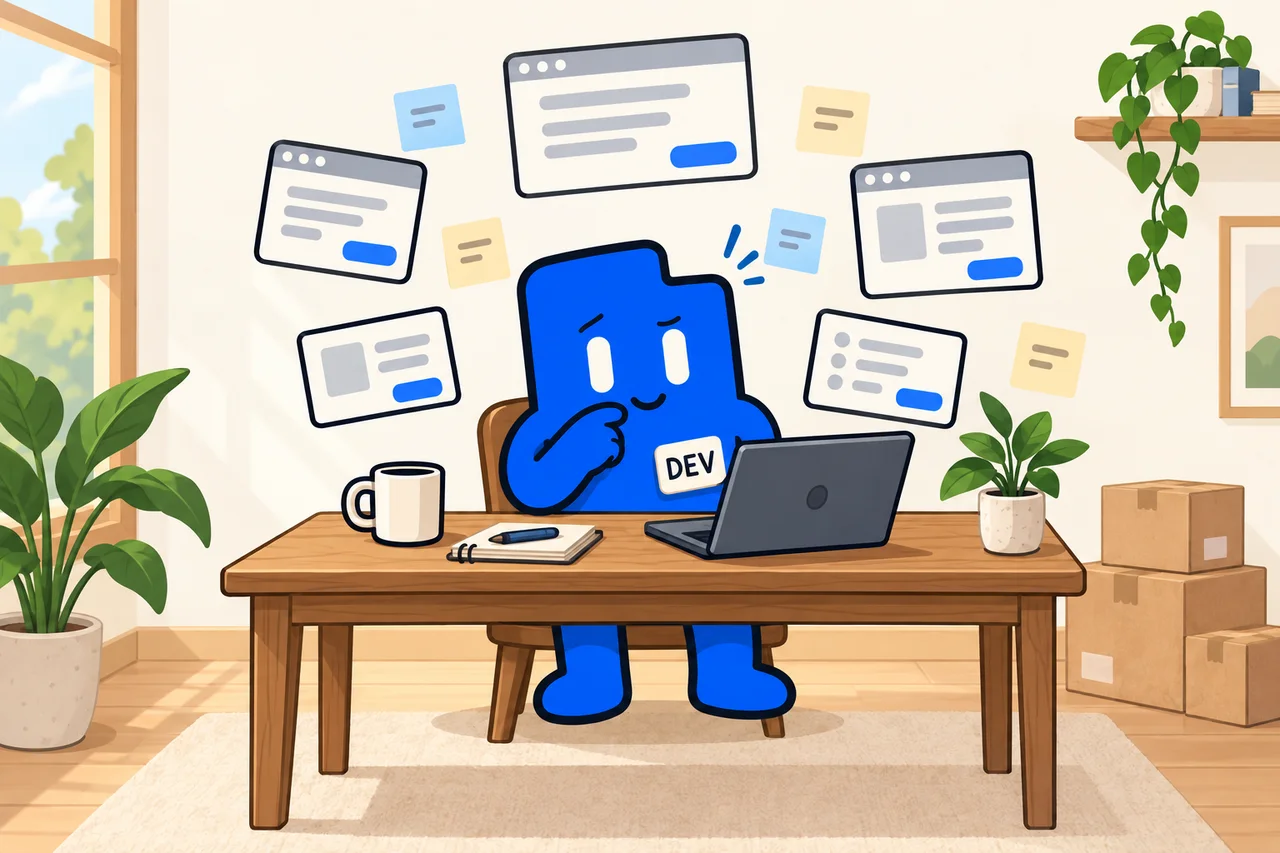 The DevLaunch companion sits at a desk looking puzzled, surrounded by floating browser windows, sticky notes, and unopened boxes.