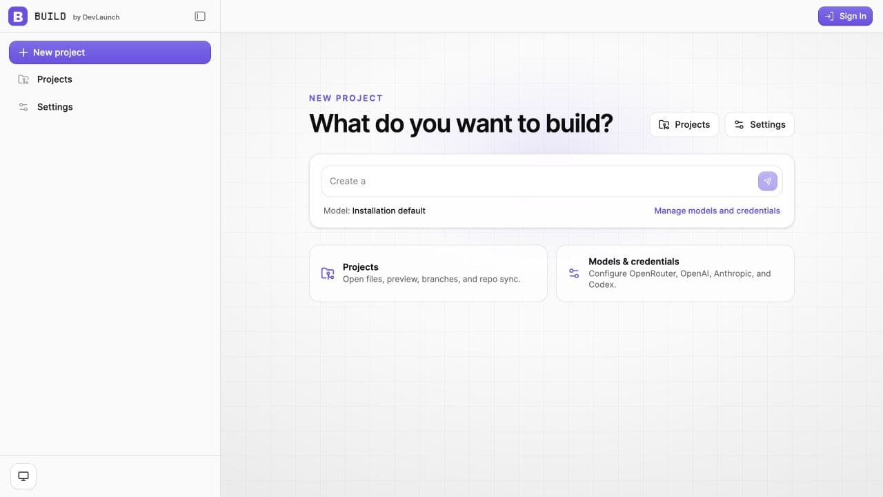Actual Build interface showing a new project prompt, project navigation, and model credential settings