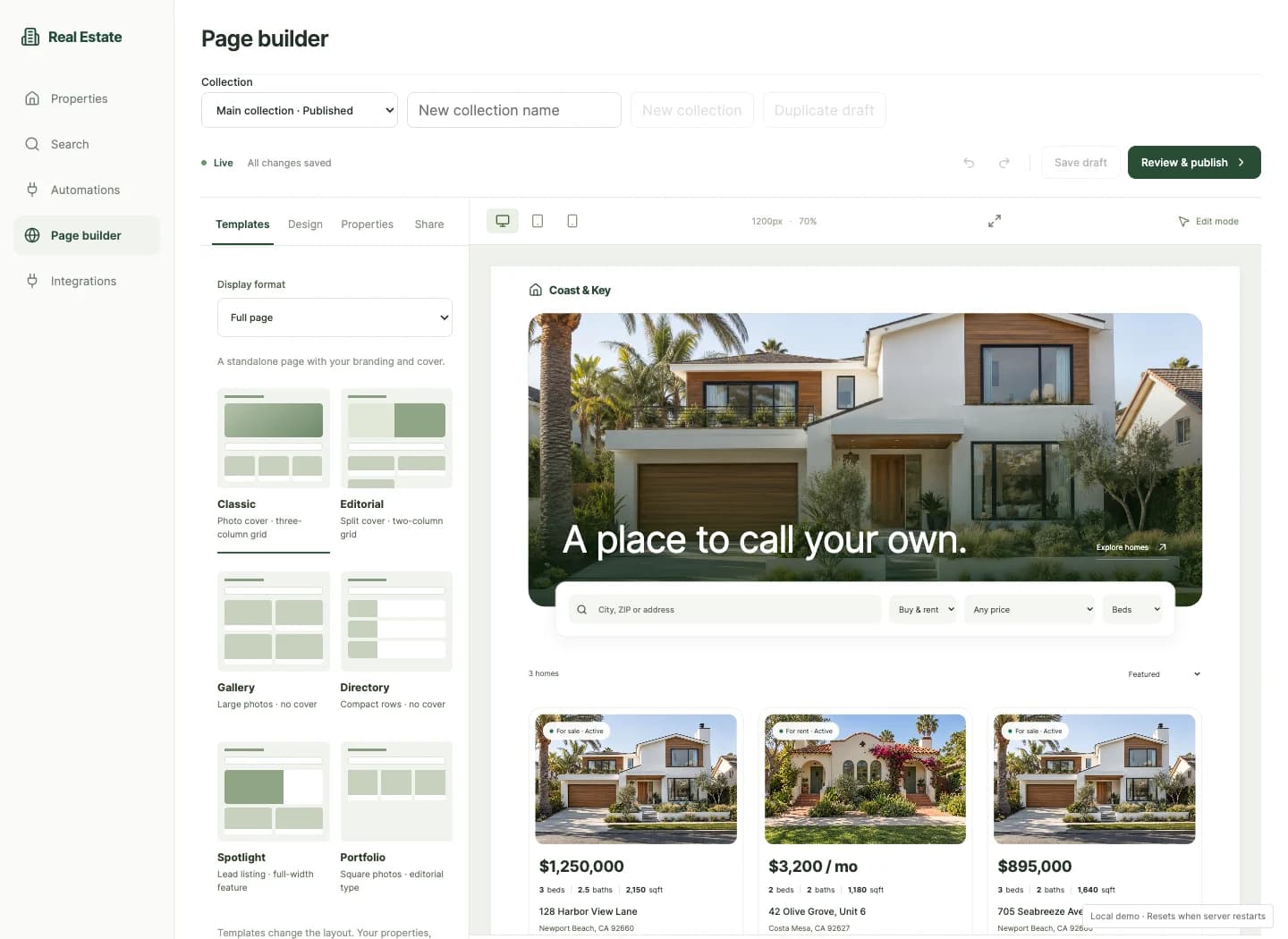 GoSeedly Real Estate module page builder with a fictional property collection