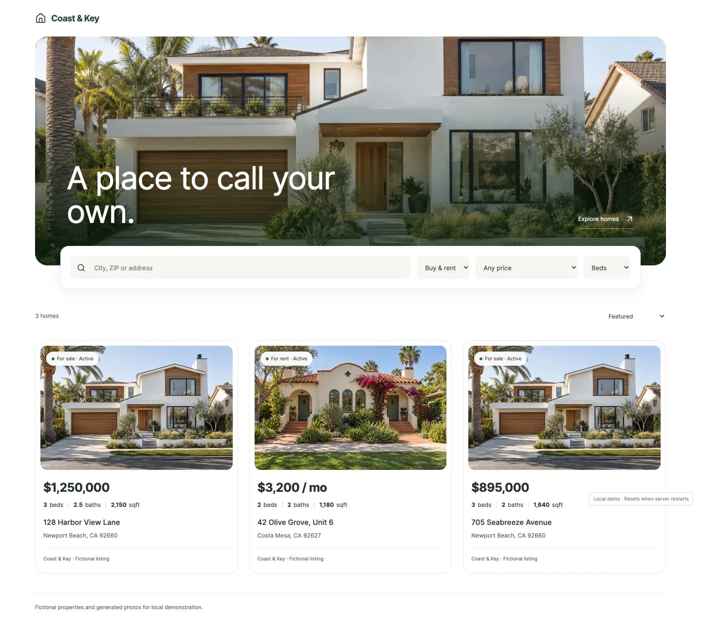 Actual public property page with search filters and three fictional homes