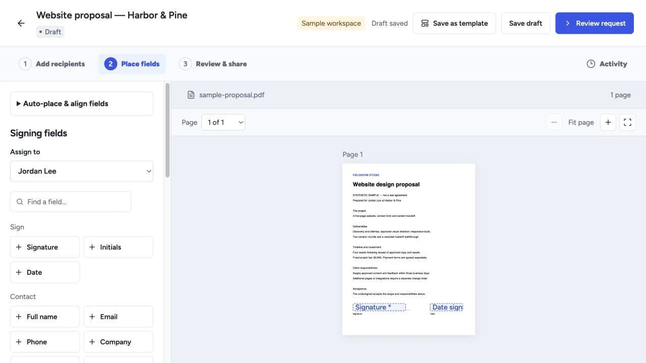 HyperProposal signing field editor in a fictional workspace