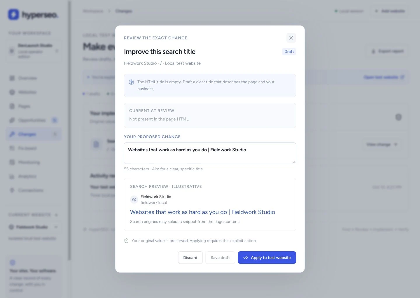 HyperSEO metadata draft review on the local test website