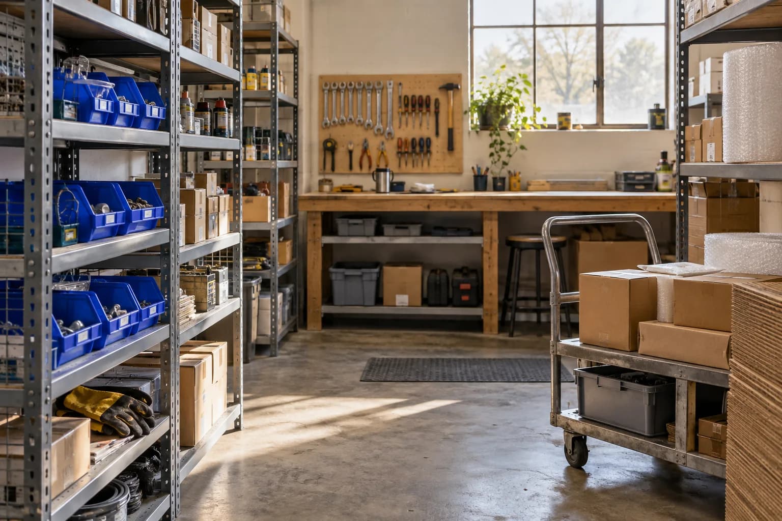 A field-service supply room with parts bins, tools, and packing materials