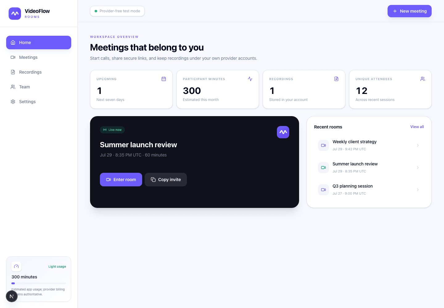 VideoFlow Rooms buyer-owned workspace with meetings, recordings, storage, and usage