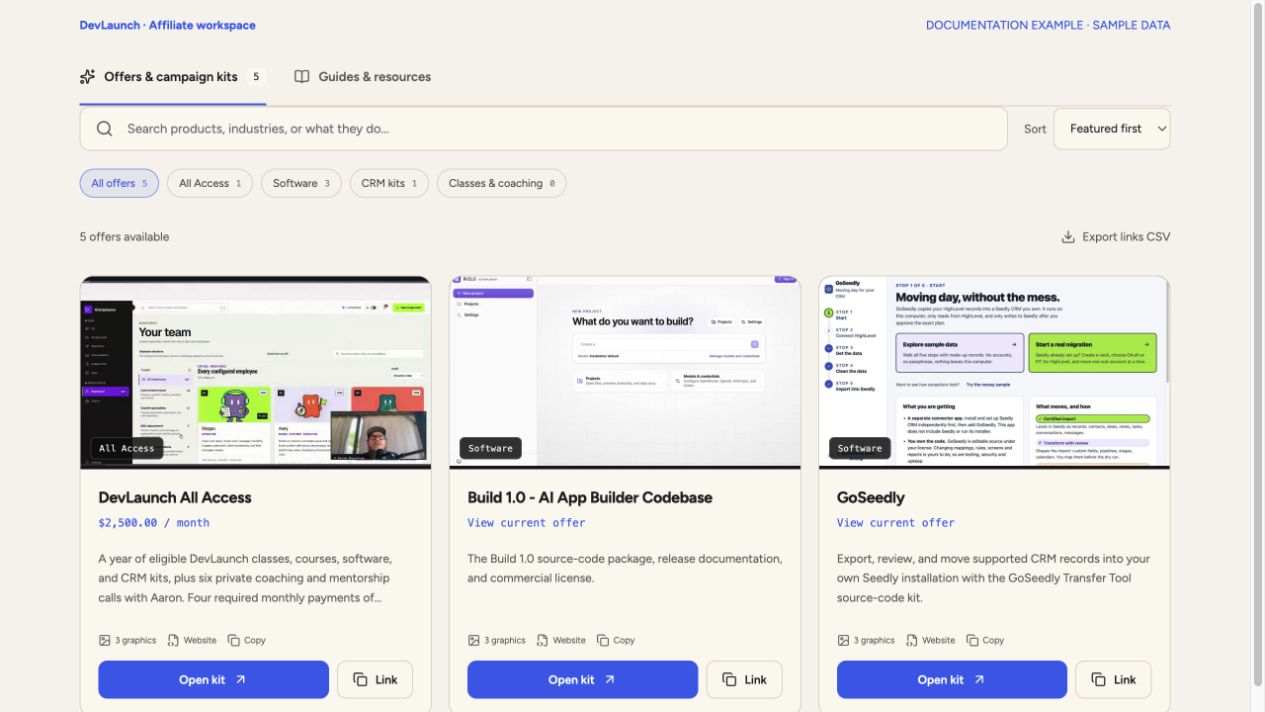 DevLaunch affiliate workspace with searchable offer cards, demonstrated without private account information
