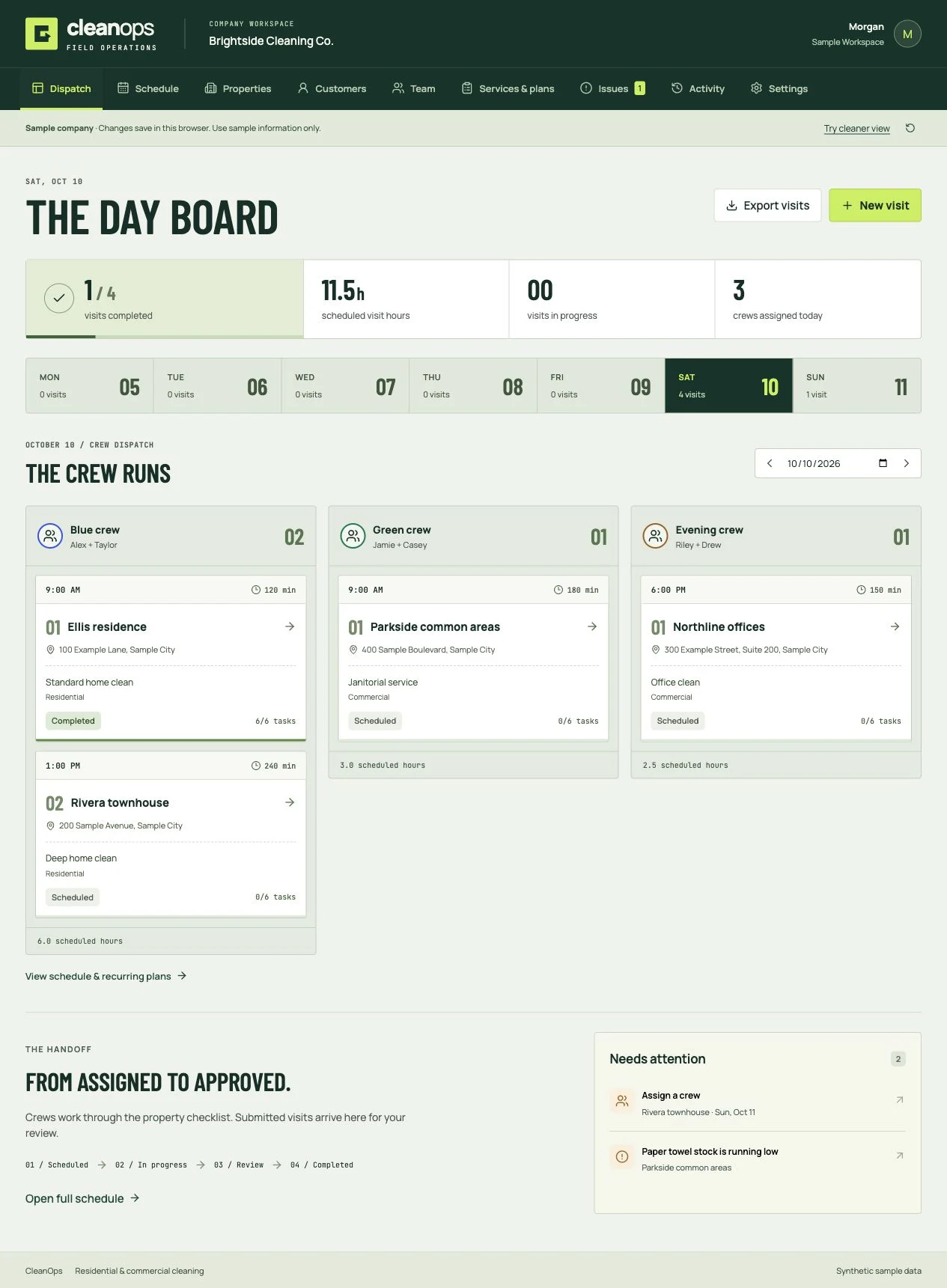CleanOps crew dispatch board with synthetic cleaning visits